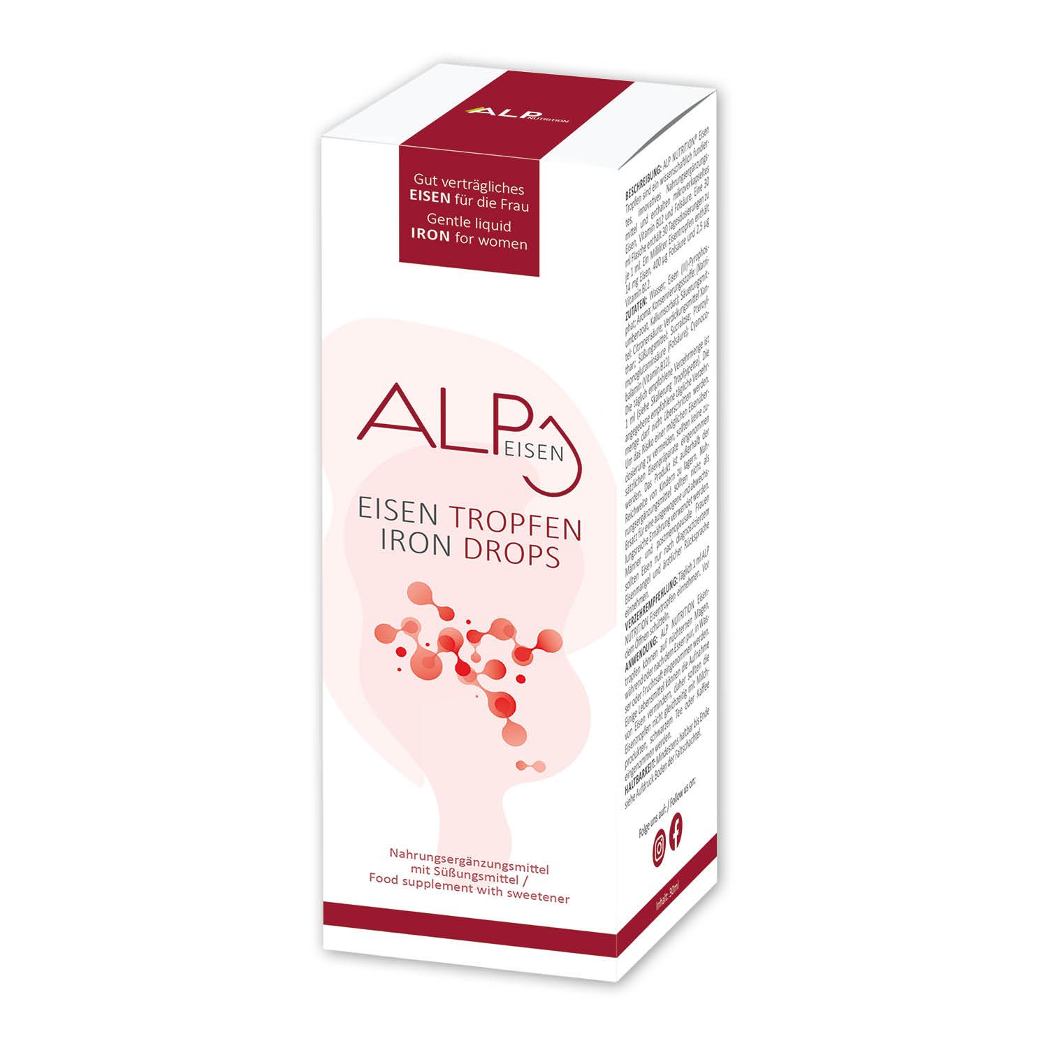 Kartonverpackung für ALP NUTRITION Eisentropfen mit detaillierter Produktinformation und Molekül-Design.