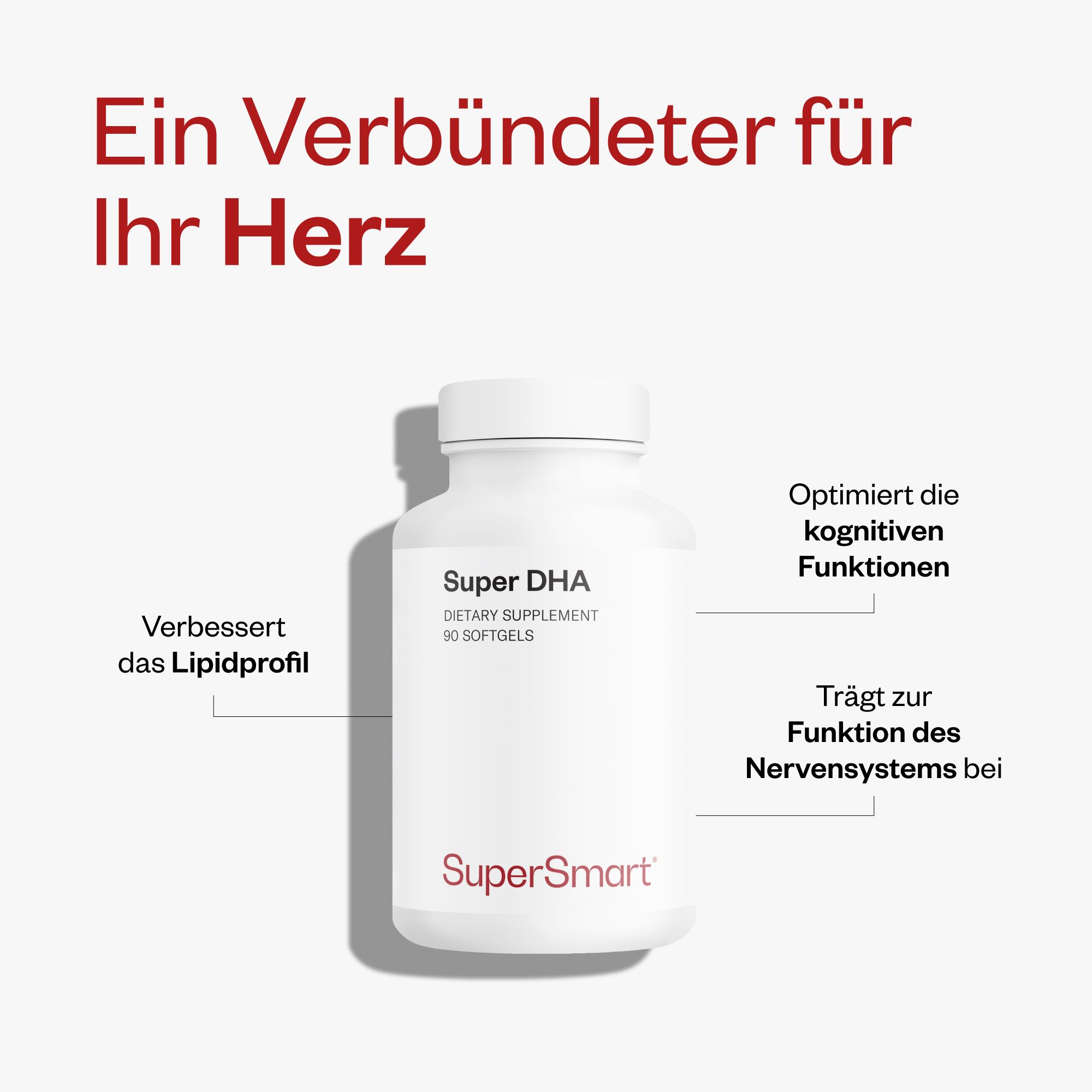 Weiße Flasche mit Super DHA, 90 Softgels. Marke SuperSmart. Text: Verbündeter für Ihr Herz. Pfeile zeigen auf Funktionen.