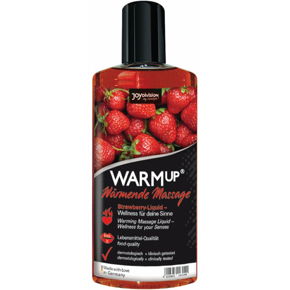Flasche mit roter Flüssigkeit und schwarzem Verschluss. Aufschrift: WARMUP, Erdbeer-Liquid. Mit Erdbeeren im Hintergrund.