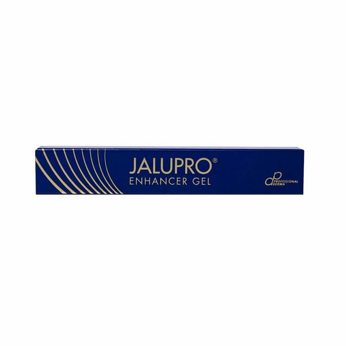 Blaues rechteckiges Produkt. Aufschrift: JALUPRO® Enhancer Gel. Logo: Professional Derma.