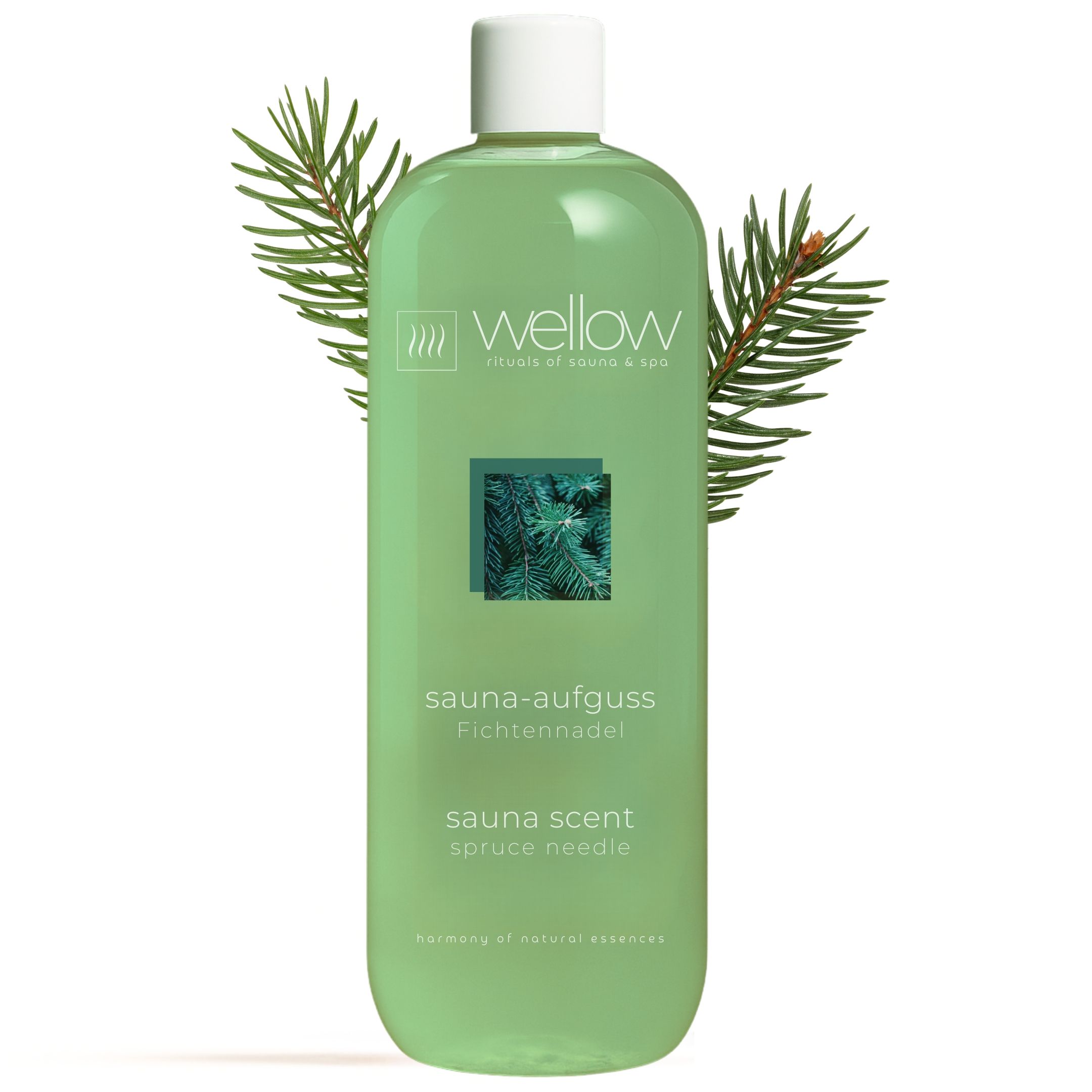 Grüne Flasche mit weißem Deckel. Aufschrift: Wellow, Sauna-Aufguss Fichtennadel, Sauna Scent Spruce Needle. Fichtenzweige.