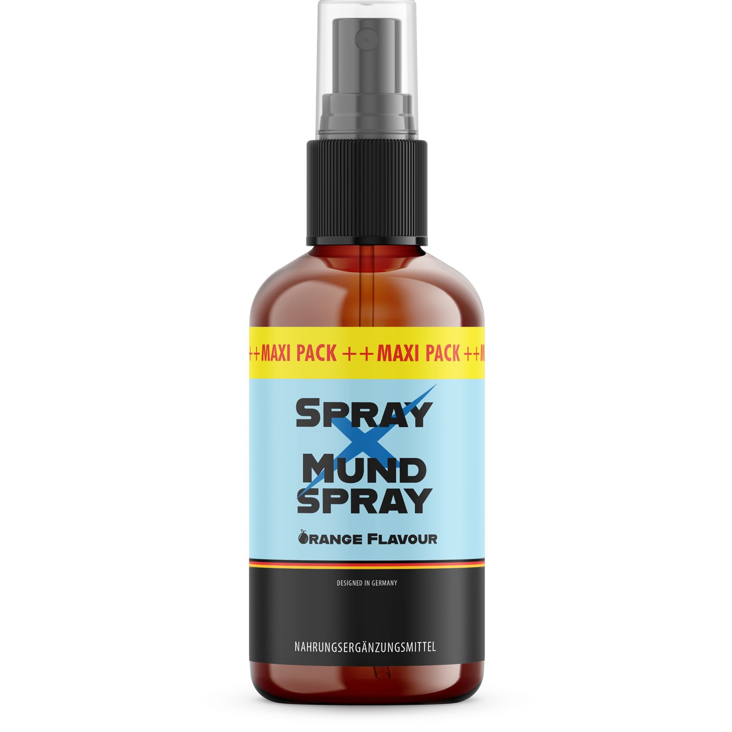 Braune Sprühflasche mit schwarzem Sprühkopf. Aufschrift: SPRAY X MUND SPRAY, Orange Flavour. Gelb-blaue Etikett. Maxi Pack.