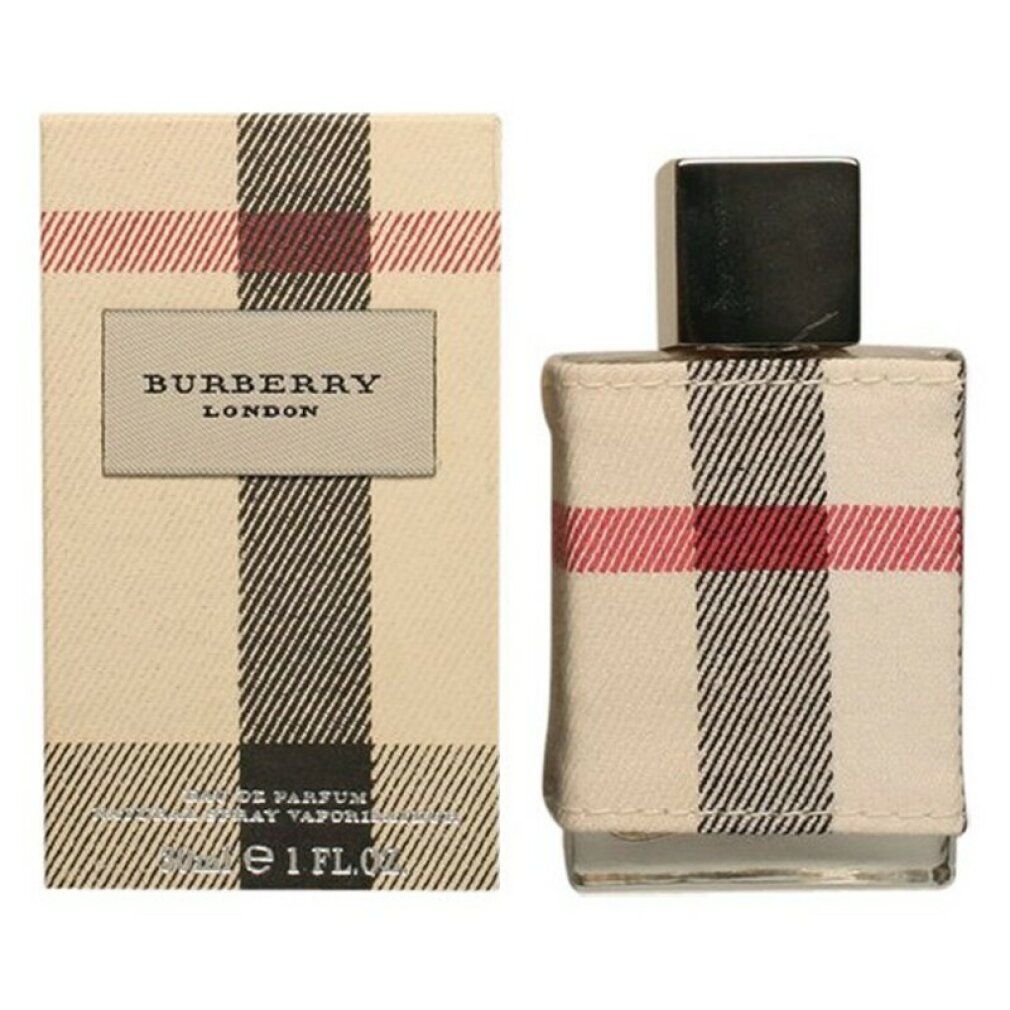 Burberry London For Women Edp Spray mit Verpackung. Flakon und Karton im Karomuster. Text: Burberry London, Edp Spray.