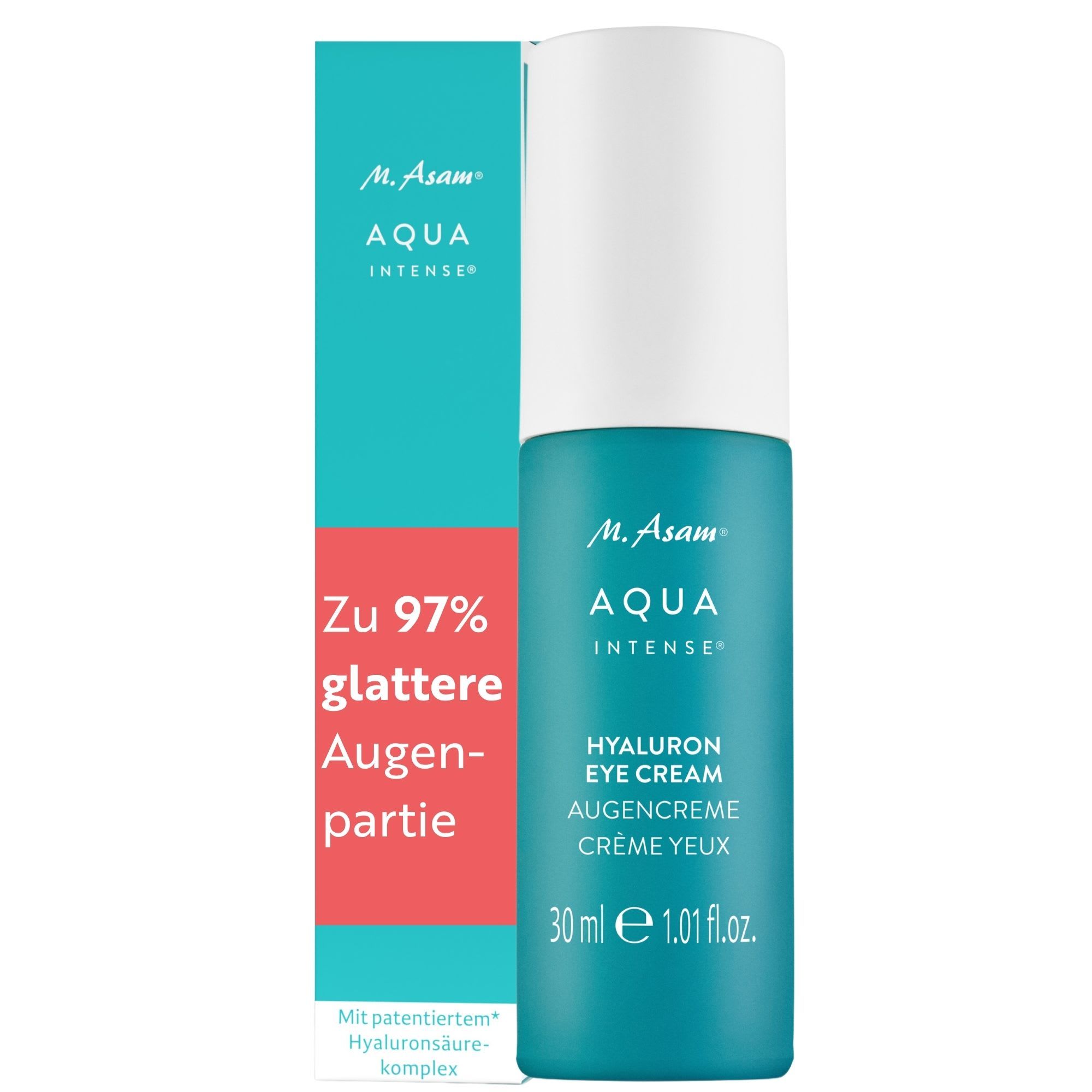 M. Asam AQUA INTENSE Hyaluron Augencreme in einem türkisfarbenen Spender mit weißem Deckel.
