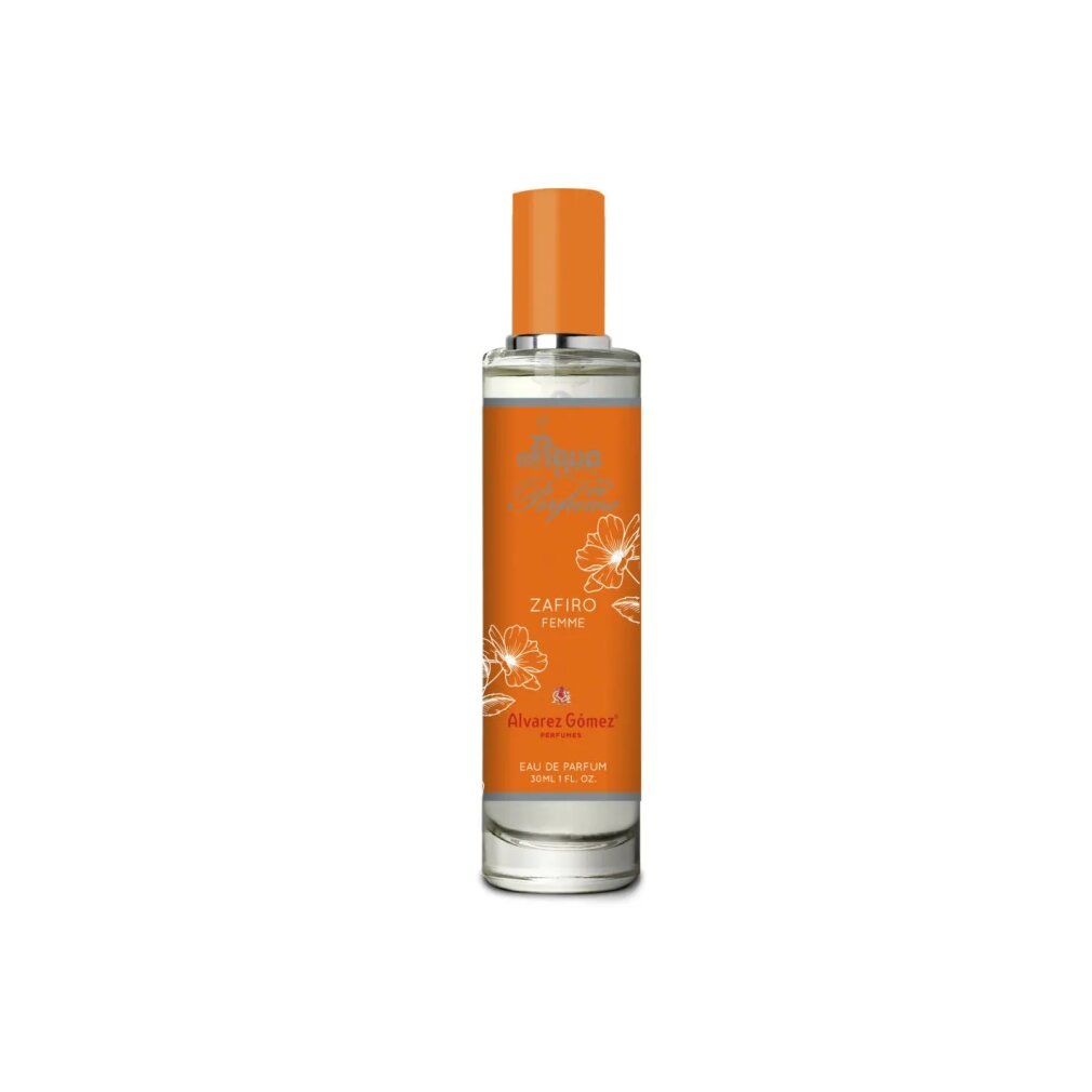 Parfümflasche mit orangefarbener Etikett. Text: Zafiro Femme, Alvarez Gómez. Eau de Parfum.