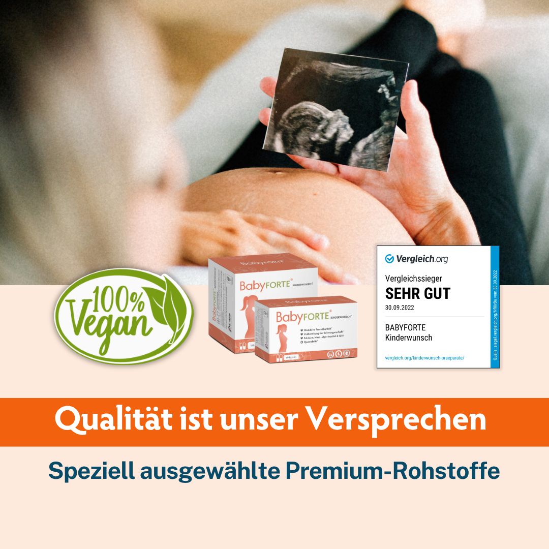 Schwangerer Bauch, Baby-Ultraschallbild, Produktverpackungen und Siegel '100% Vegan'.