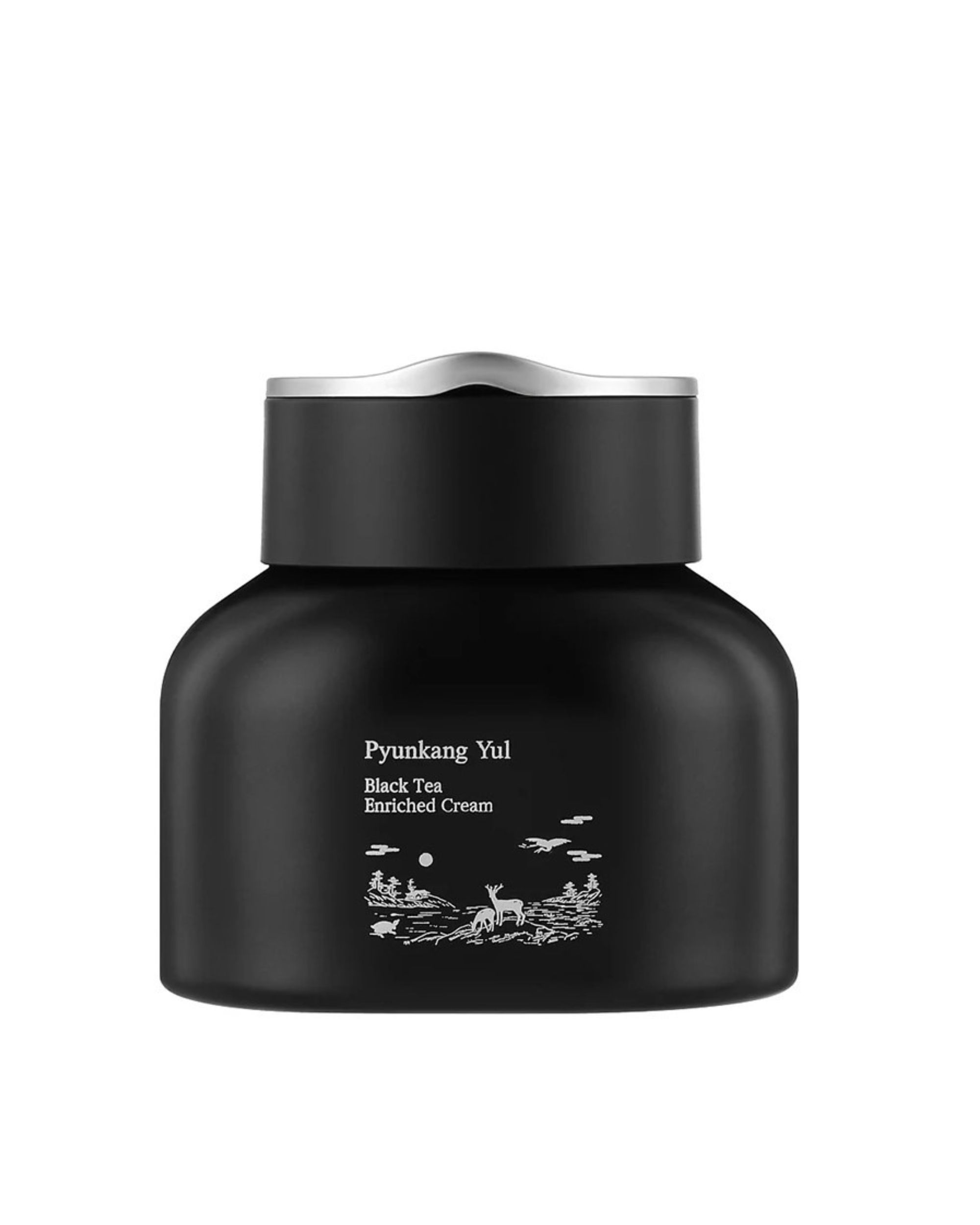 Schwarze Creme-Dose mit silbernem Deckel. Aufschrift: Pyunkang Yul Black Tea Enriched Cream. Abbildung: Landschaft mit Reh.