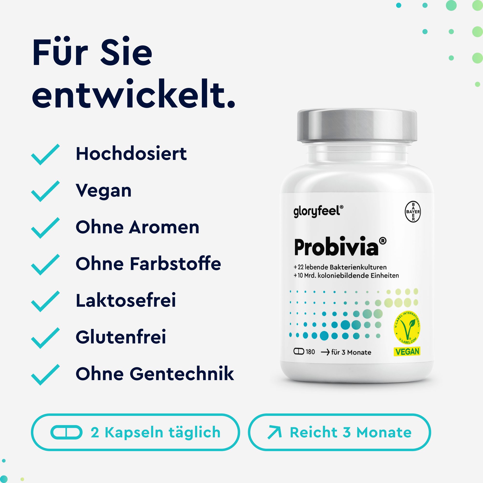 Weiße Flasche mit Kapseln. Text: Für Sie entwickelt. Hochdosiert, Vegan, Ohne Aromen, Ohne Farbstoffe, Laktosefrei, Glutenfrei, Ohne Gentechnik.