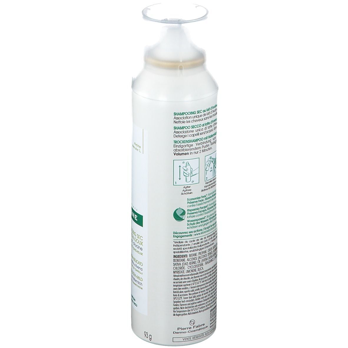Weißes Spray mit Sprühkopf. Text auf Etikett: Trockenshampoo, Hafermilch, Volumen. Mit Illustrationen zur Anwendung.