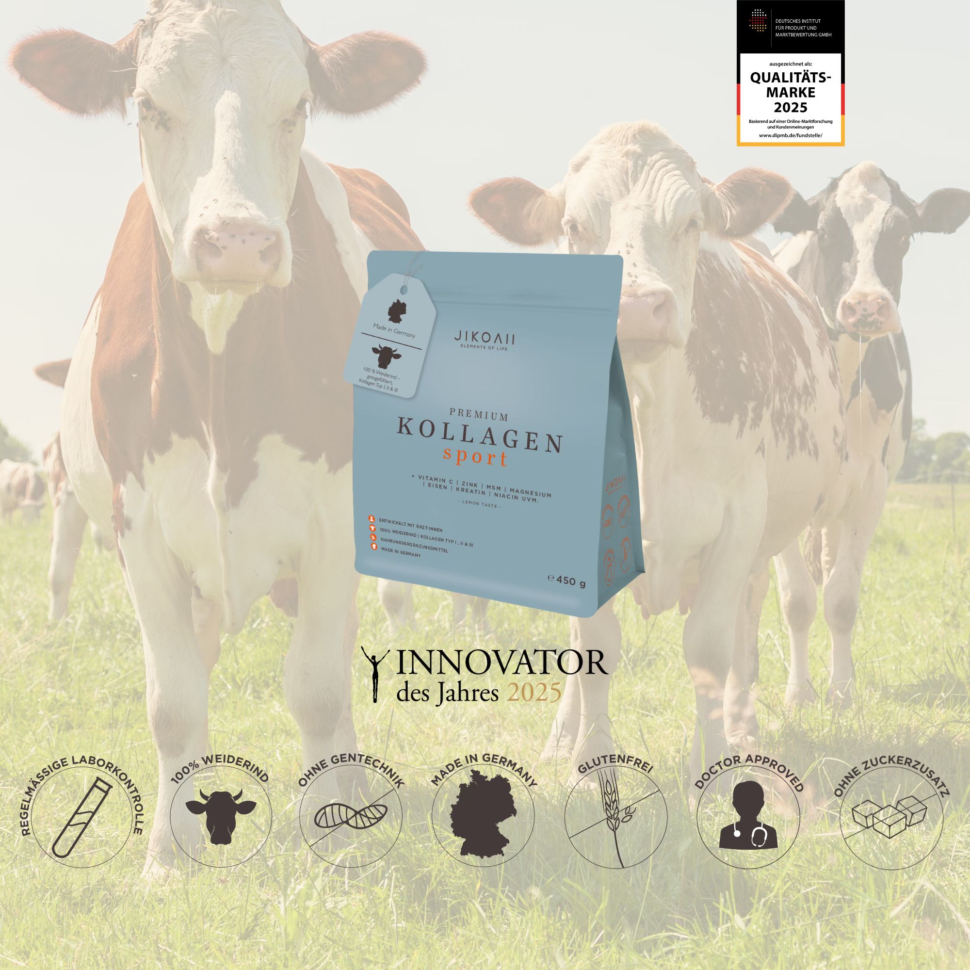 Blau-graue Tüte JIKOAII Premium Kollagen Sport vor Kühen. Enthält Kollagen Typ 1, 2 & 3. Made in Germany. Glutenfrei. Qualitätsmarke 2025.