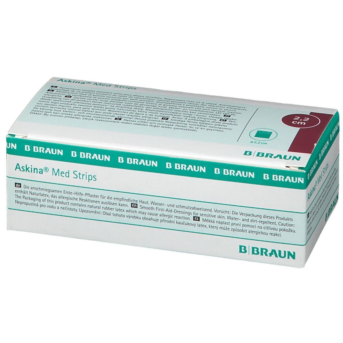 Askina Med Strips-Verpackung. Weiß-grüne Schachtel mit Produktnamen, Größe 2,2 cm und B. Braun-Logo. Text in mehreren Sprachen.