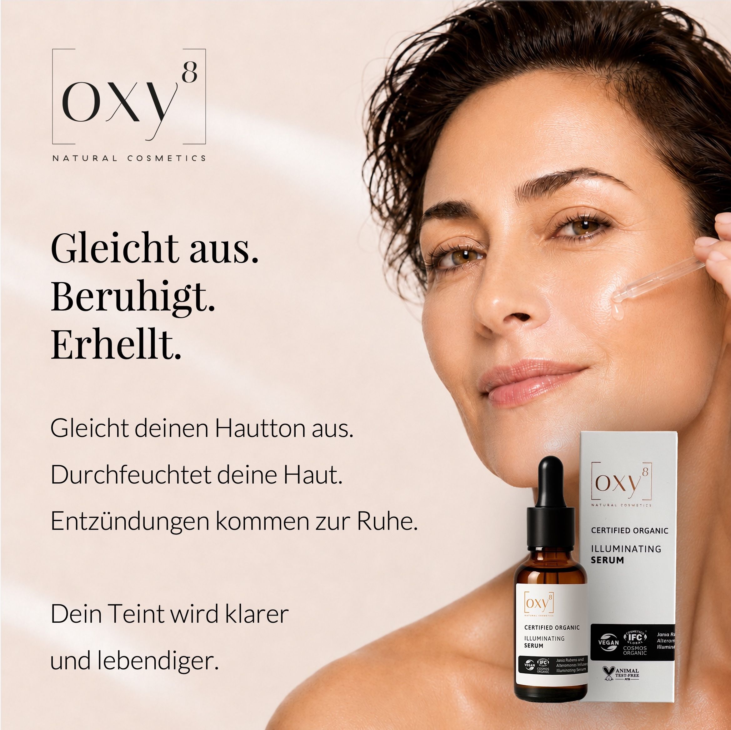 Frau mit Pipette, die Serum aufträgt, Text: Gleich aus. Beruhigt. Erhellt.