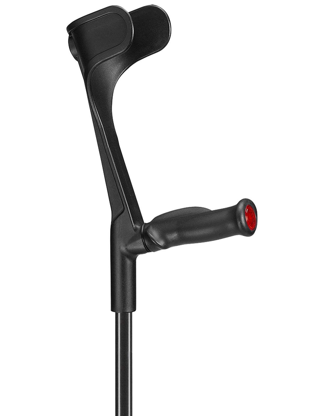 Schwarze Unterarmgehhilfe. Ergonomischer Griff mit roter Spitze. Schwarzer Schaft. Einzelne Ansicht.