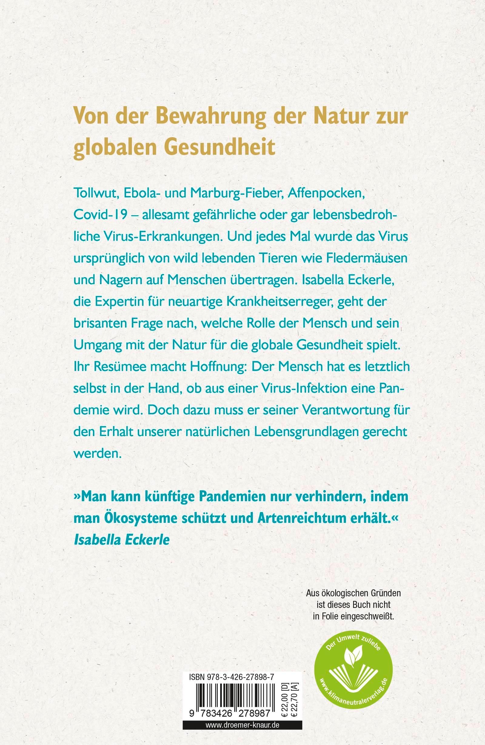 Buchrücken mit Text. Titel: Von der Bewahrung der Natur zur globalen Gesundheit. Autor: Isabella Eckerle. Verlag: Droemer.