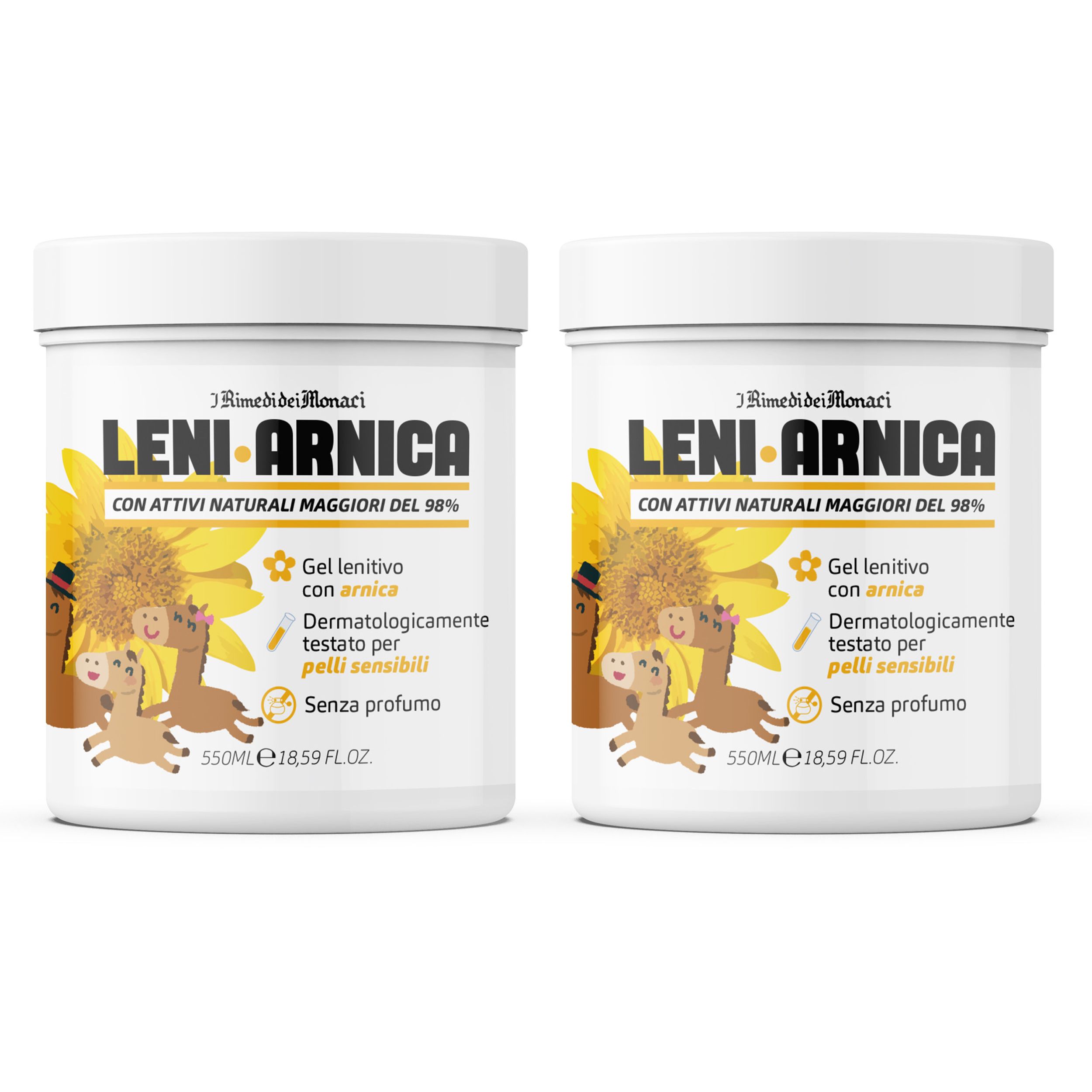 Zwei weiße Tiegel mit Aufschrift Leni Arnica. Aufdruck: Gel lenitivo con arnica, dermatologisch getestet für empfindliche Haut.