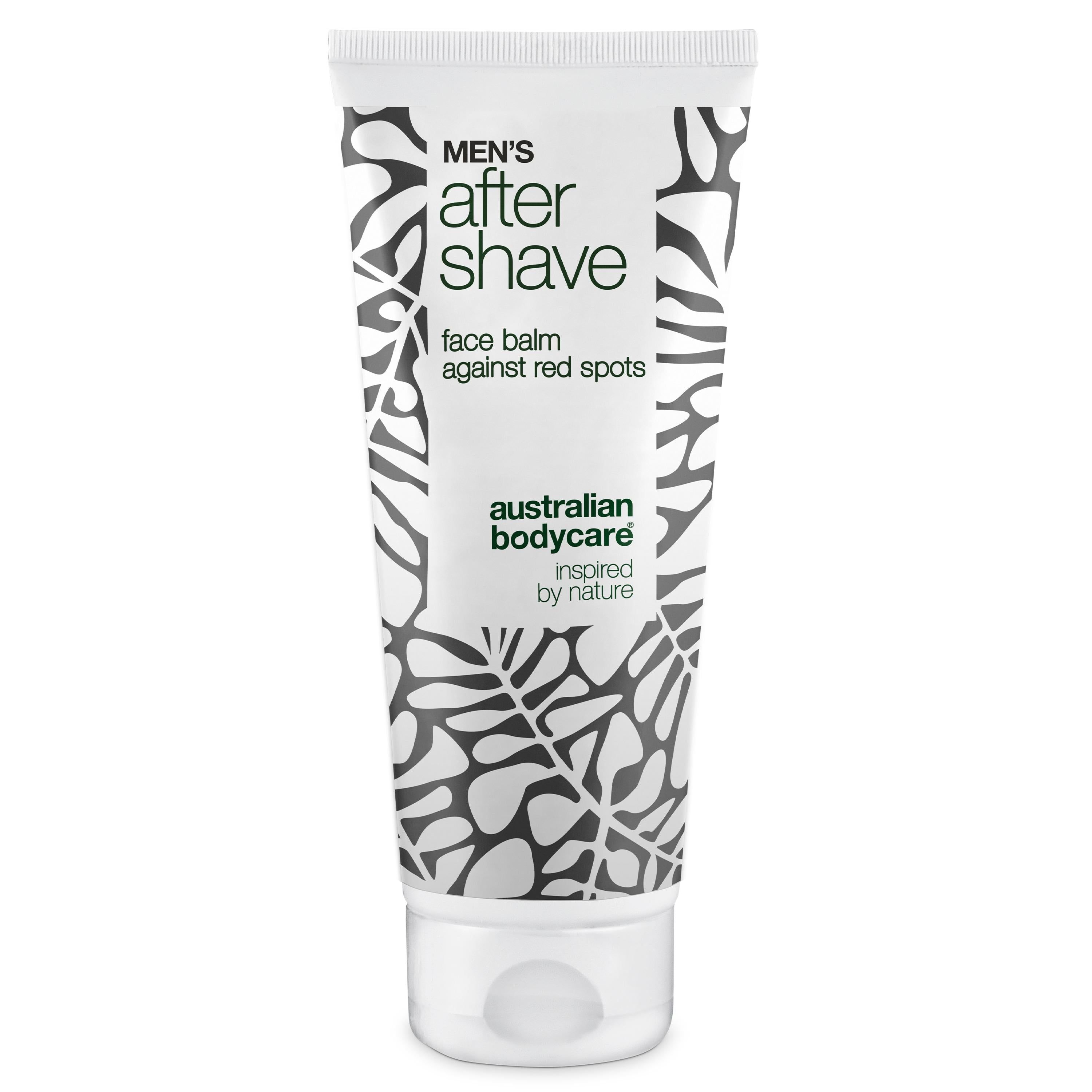 Witte tube After Shave Balsam met zwart patroon. Tekst: After Shave, face balm against red spots. Merk: Australian Bodycare.