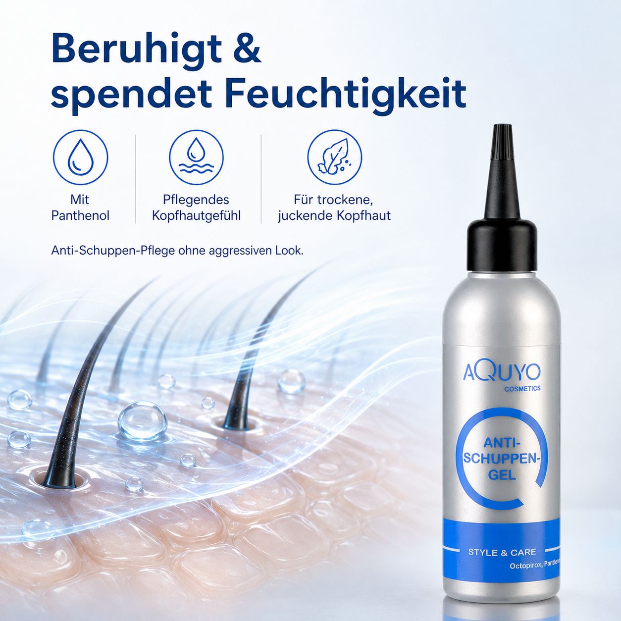 Flasche Anti-Schuppen-Gel neben Grafik von Haarwurzeln und Haut. Icons zeigen Panthenol, Pflegegefühl, trockene Kopfhaut.