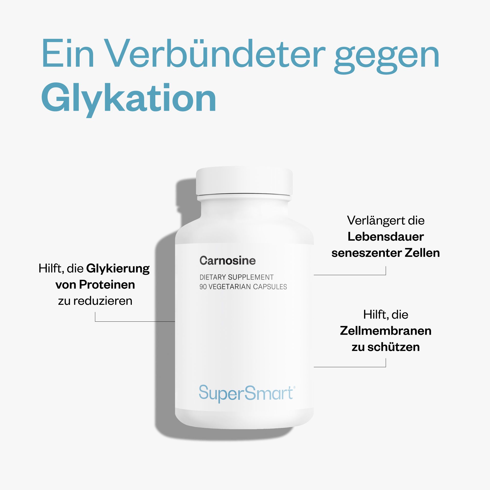Weisse Flasche mit "Carnosine" und "SuperSmart" Aufschrift. 90 vegetarische Kapseln. Text erläutert Vorteile: Glykierung reduzieren, Zellmembranen schützen.
