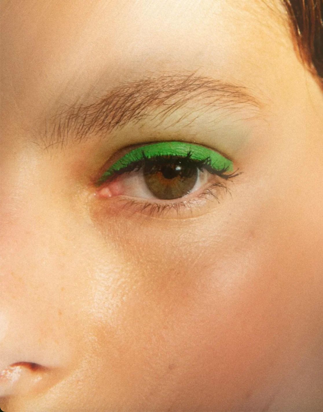 Nahaufnahme eines Auges mit grünem Eyeliner. Braune Iris, helle Haut.