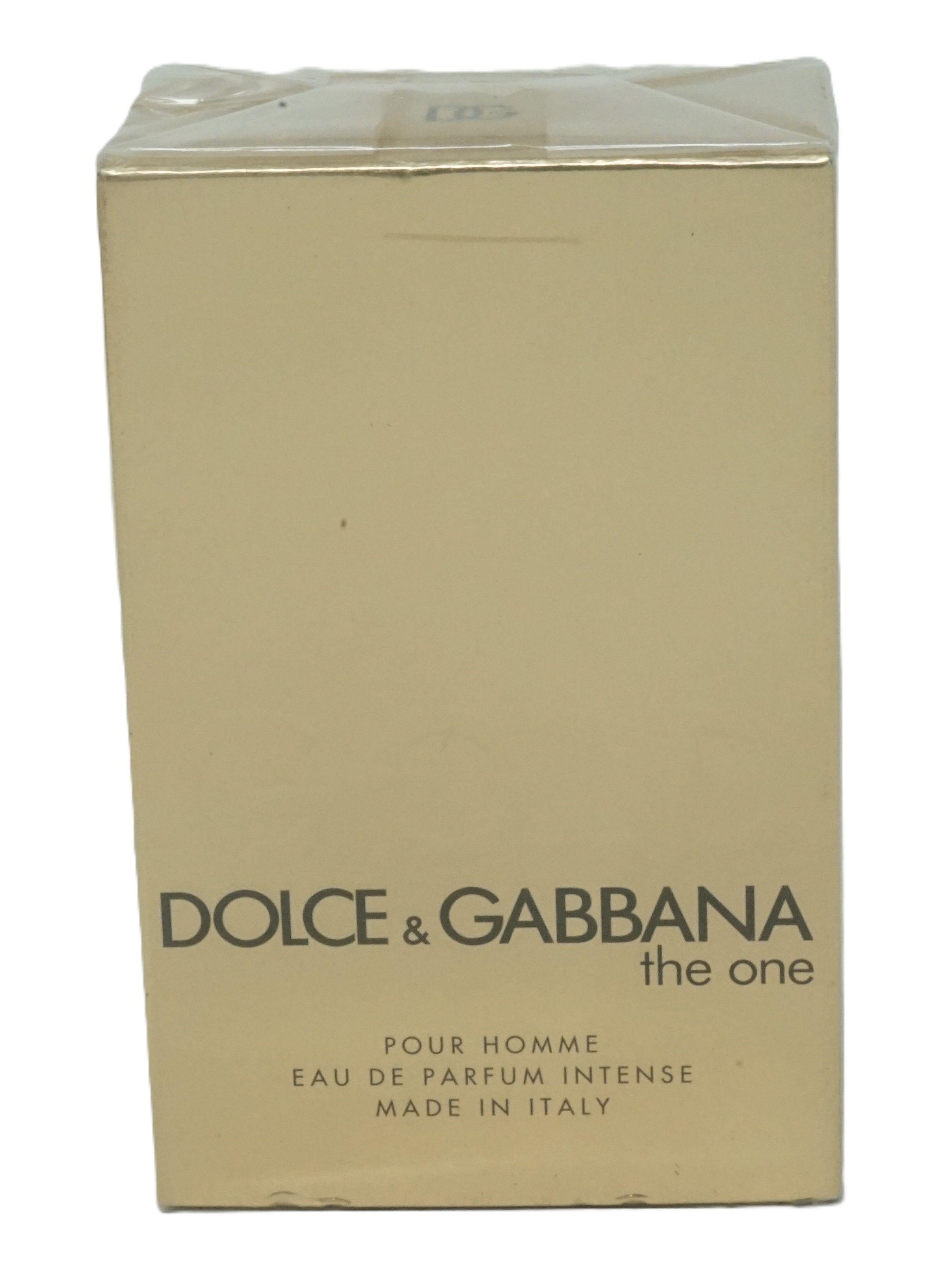 Goldfarbener Karton mit Dolce & Gabbana-Logo und Produktbezeichnung. Text: Pour Homme Eau de Parfum Intense. Hergestellt in Italien.