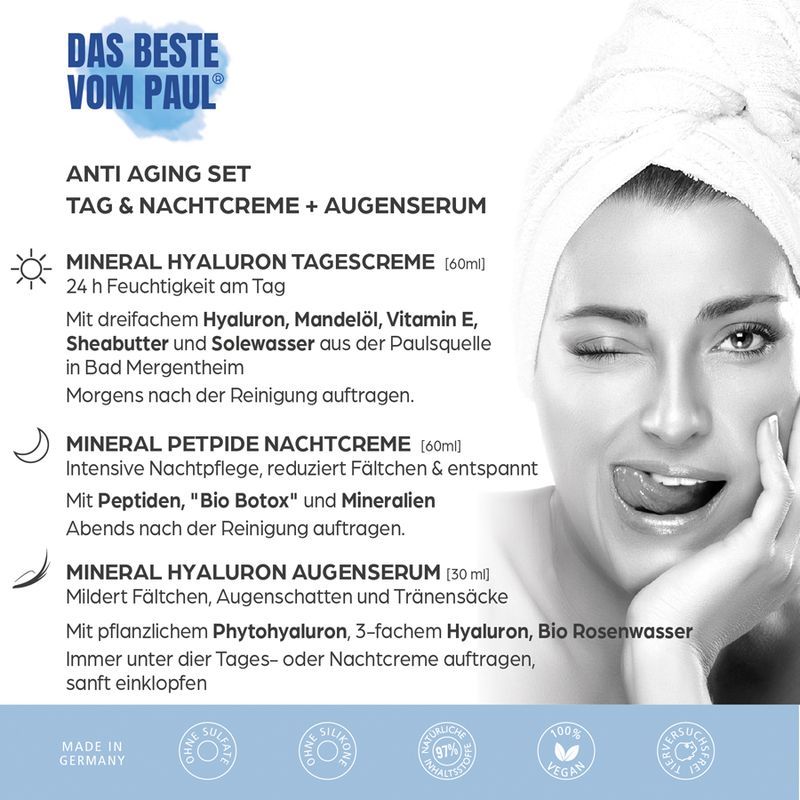 Produktverpackung mit Text: ANTI AGING SET, TAG & NACHTCREME + AUGENSERUM. Frau mit Handtuch.
