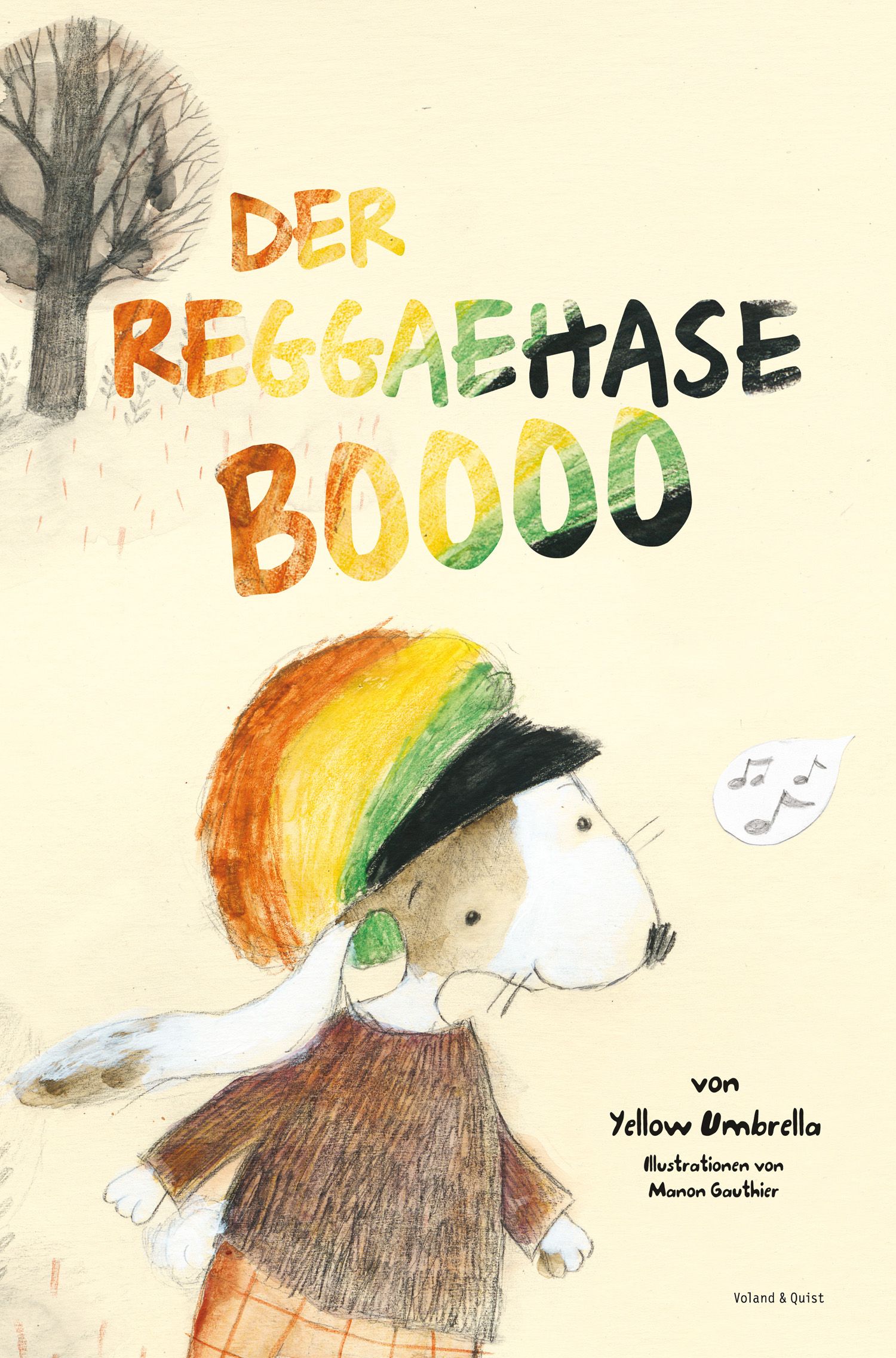 Buchcover mit Illustration. Titel: Der Reggaehase Boooo. Ein Hase mit Reggae-Mütze. Autor: Yellow Umbrella. Illustrationen von Manon Gauthier.