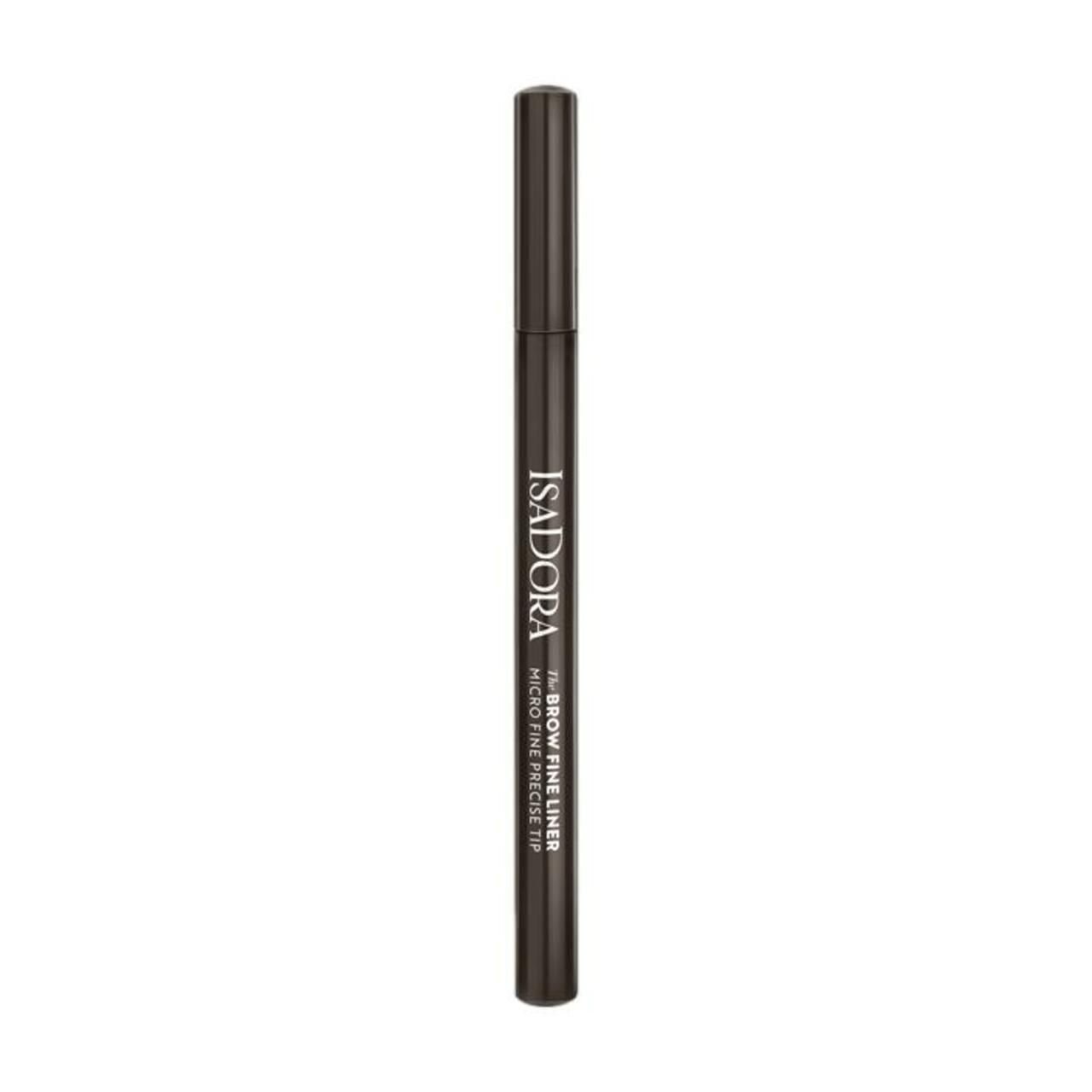 Brauner IsaDora Brow Fine Liner. Schlanke Form, schwarze Schrift. Vertikale Ansicht.