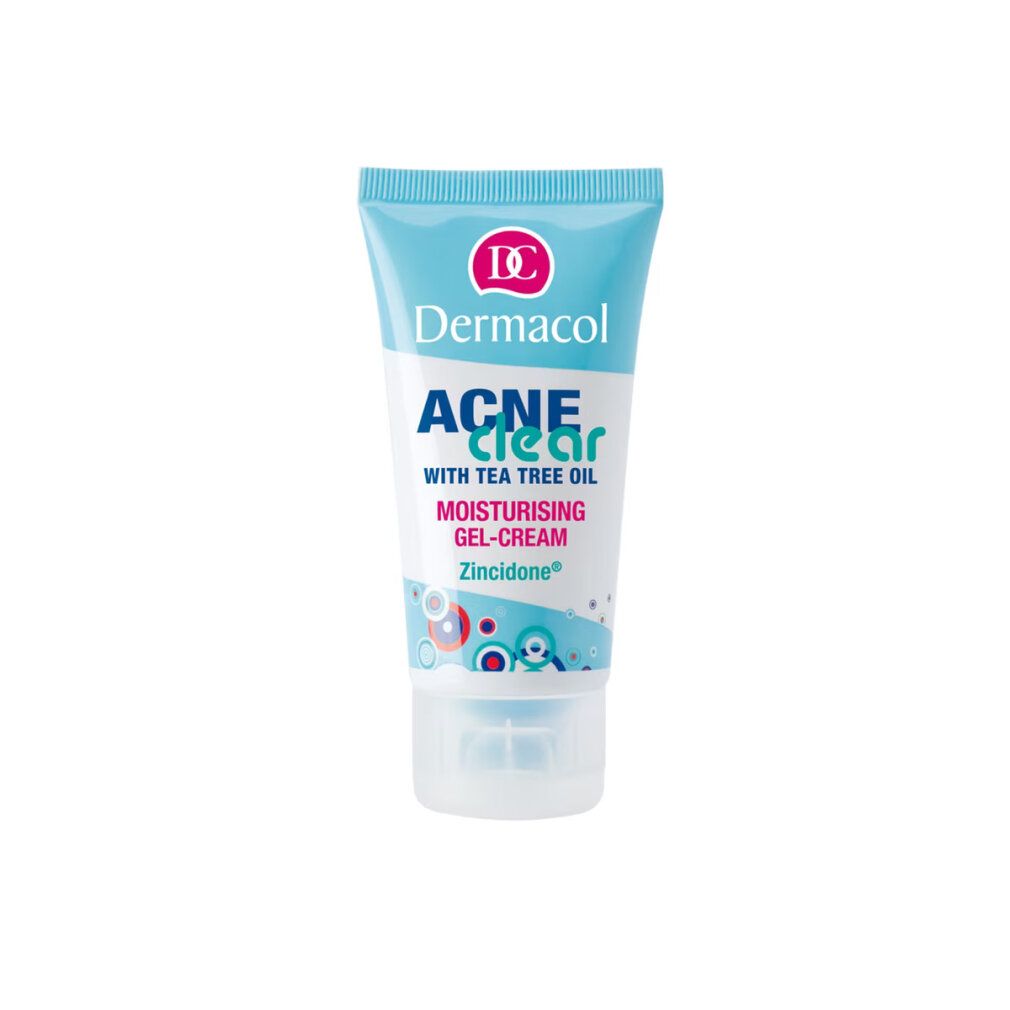 Acneclear Moisturising Gel-Cream Tube. Blaue Kappe, weißer Körper mit Text: Dermacol, Acne Clear, Tea Tree Oil, Gel-Cream.