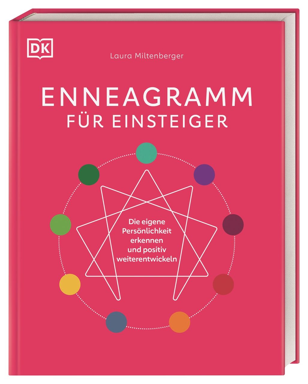 Buchcover: Enneagramm für Einsteiger. Rosa Hintergrund, weißer Titel, farbige Kreise und Stern. Autorin: Laura Miltenberger.