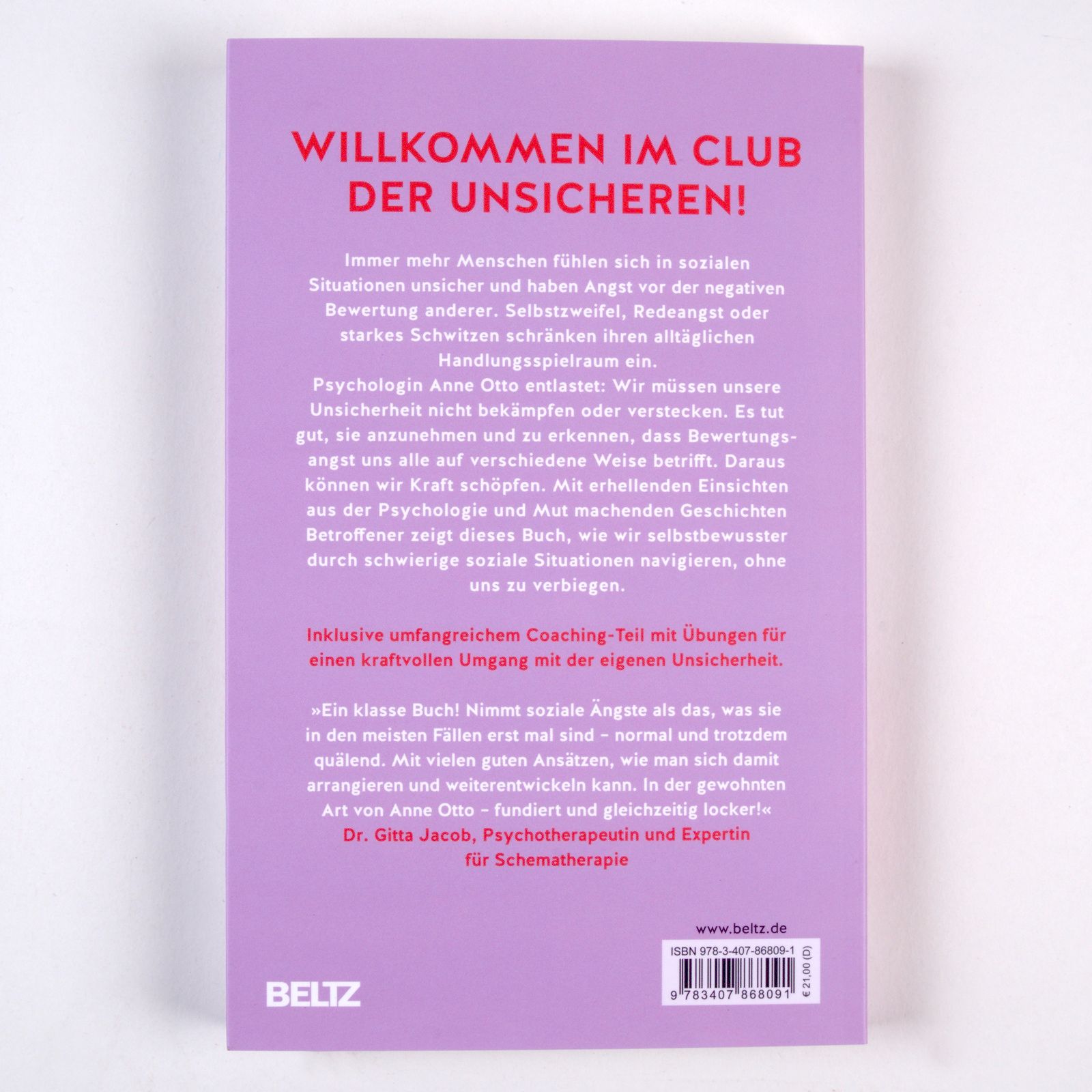 Buchrückseite mit Text. Titel: "Willkommen im Club der Unsicheren!". BELTZ-Logo unten. ISBN-Code und Barcode.