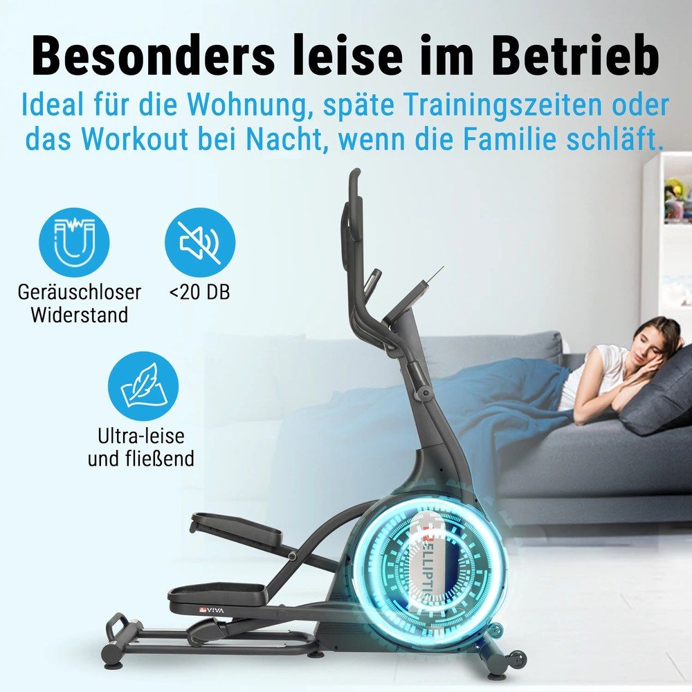 Schwarzer Crosstrainer mit Display und Text über leisen Betrieb.