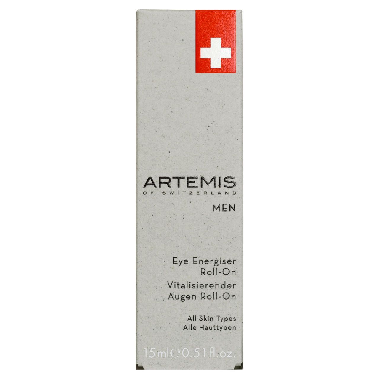 Graue Verpackung mit Schweizer Kreuz. Aufschrift: ARTEMIS of Switzerland MEN Eye Energiser Roll-On. 15ml.