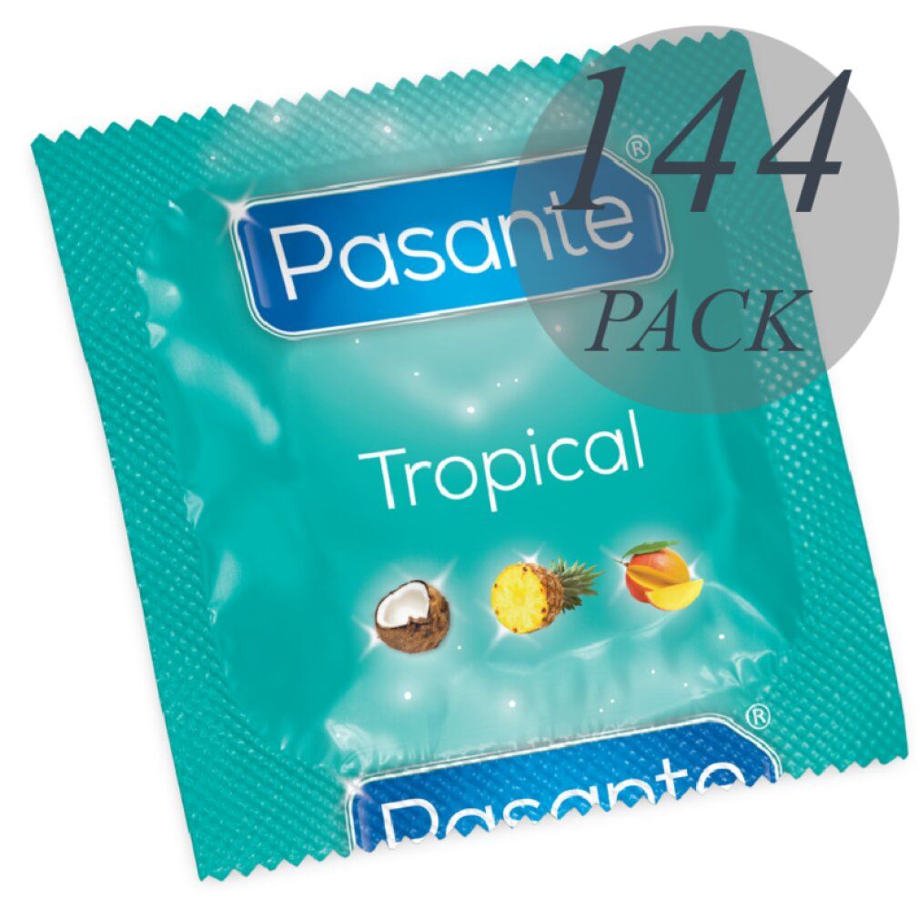 Einzelverpackung eines Kondoms "Pasante Tropical". Aufschrift: "Tropical". Abbildung von Kokosnuss, Ananas und Mango. "144 PACK".