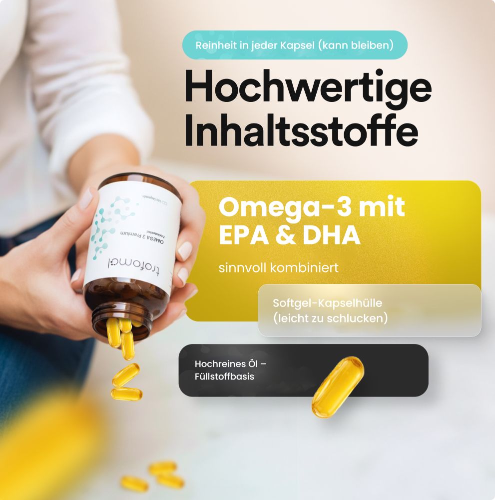 Braune Flasche mit Kapseln. Aufschrift: TROFOMOL Omega 3 Premium. Gelbe Kapseln. Text: Omega-3 mit EPA & DHA, Softgel-Kapselhülle.