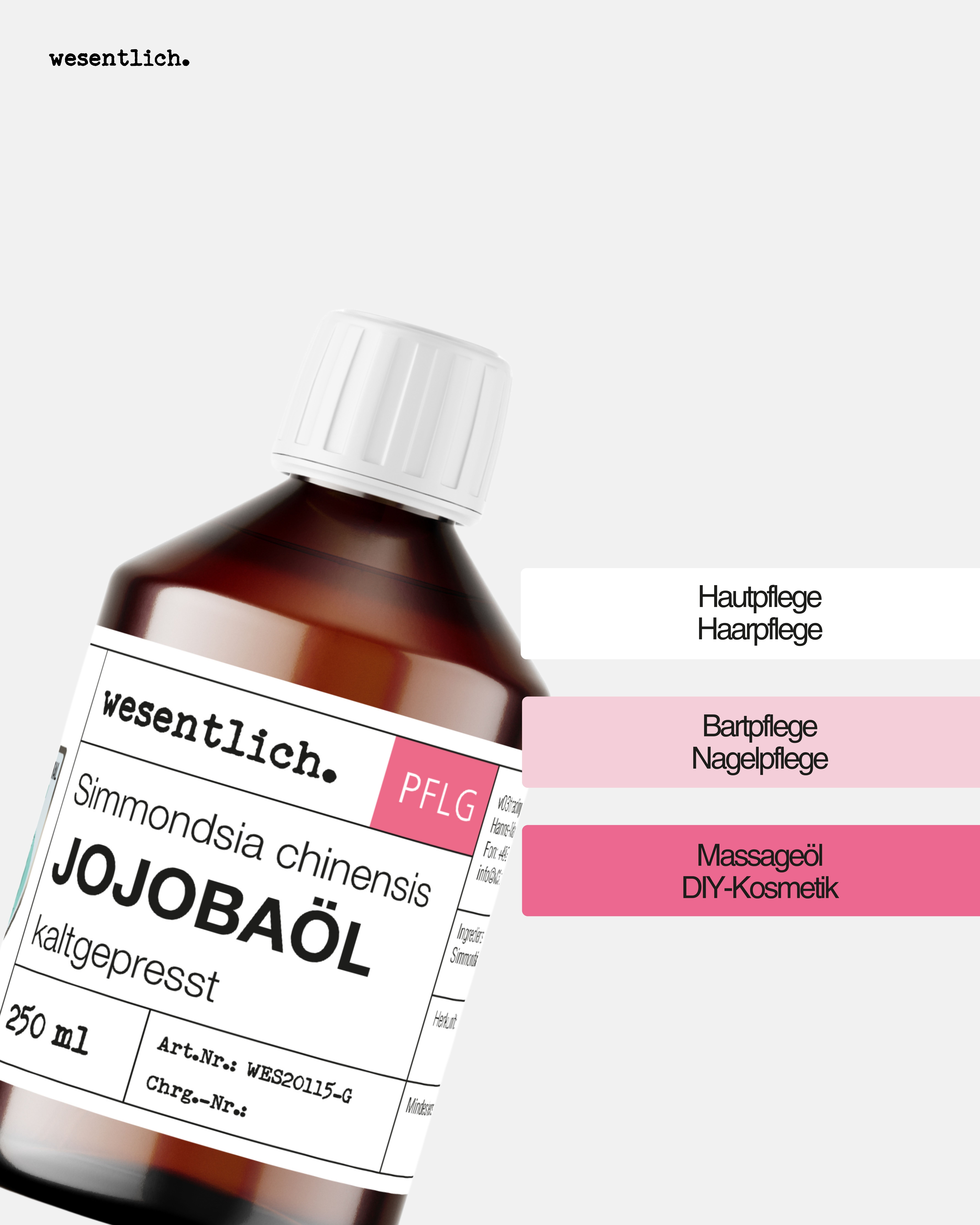 Flasche Jojobaöl mit Etikett und daneben farbige Balken für Haut-, Haar-, Bartpflege und Kosmetik.