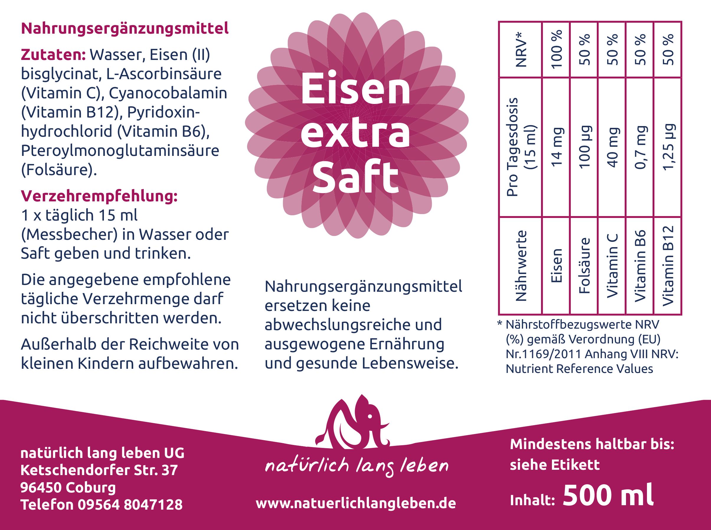 natürlich lang leben Eisen extra Saft vegan 500 ml