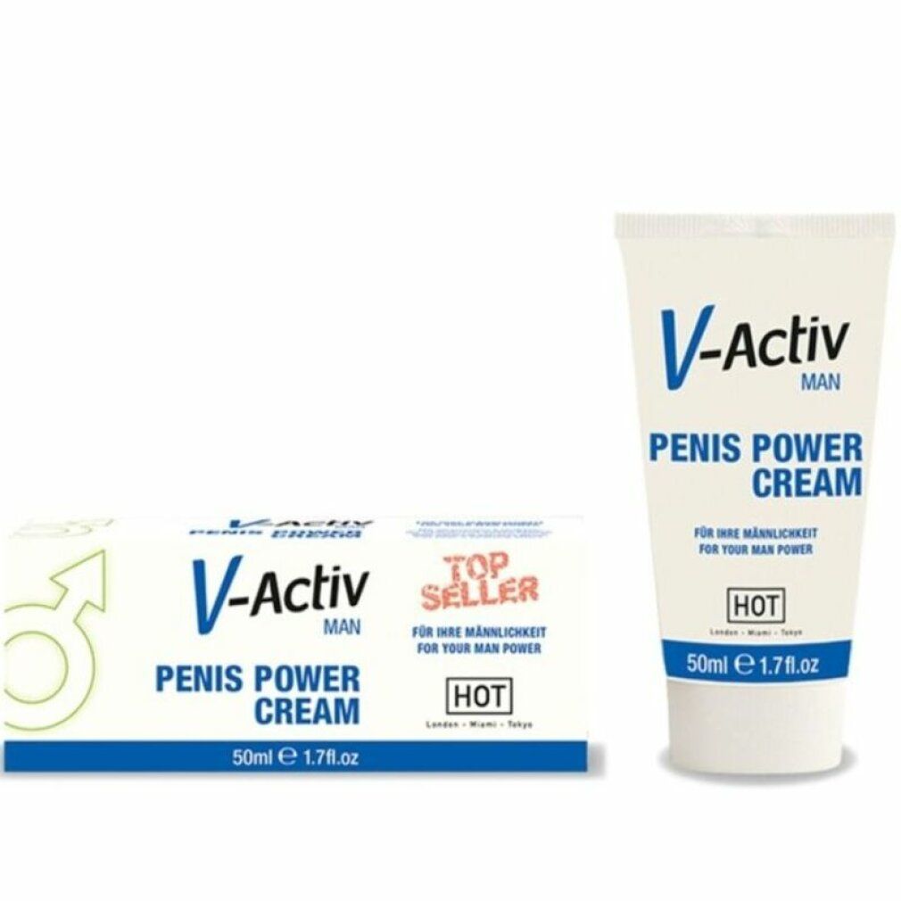Tube und Schachtel. Aufschrift: V-Activ, Penis Power Cream. Logo: Männliches Symbol. Marke: HOT. Volumen: 50ml.