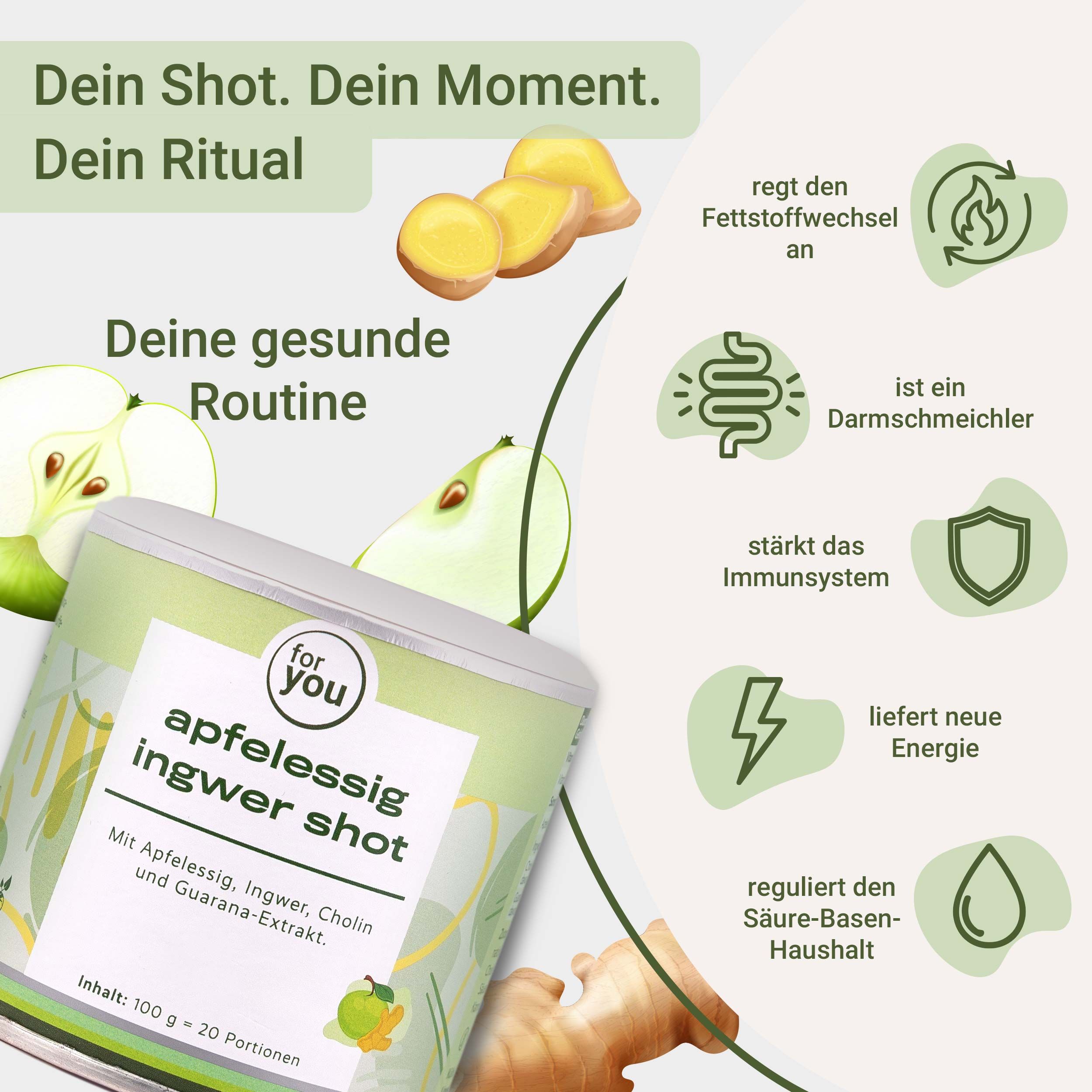 Glas mit zubereitetem Apfelessig Ingwer Shot, daneben Dose und Zutaten.