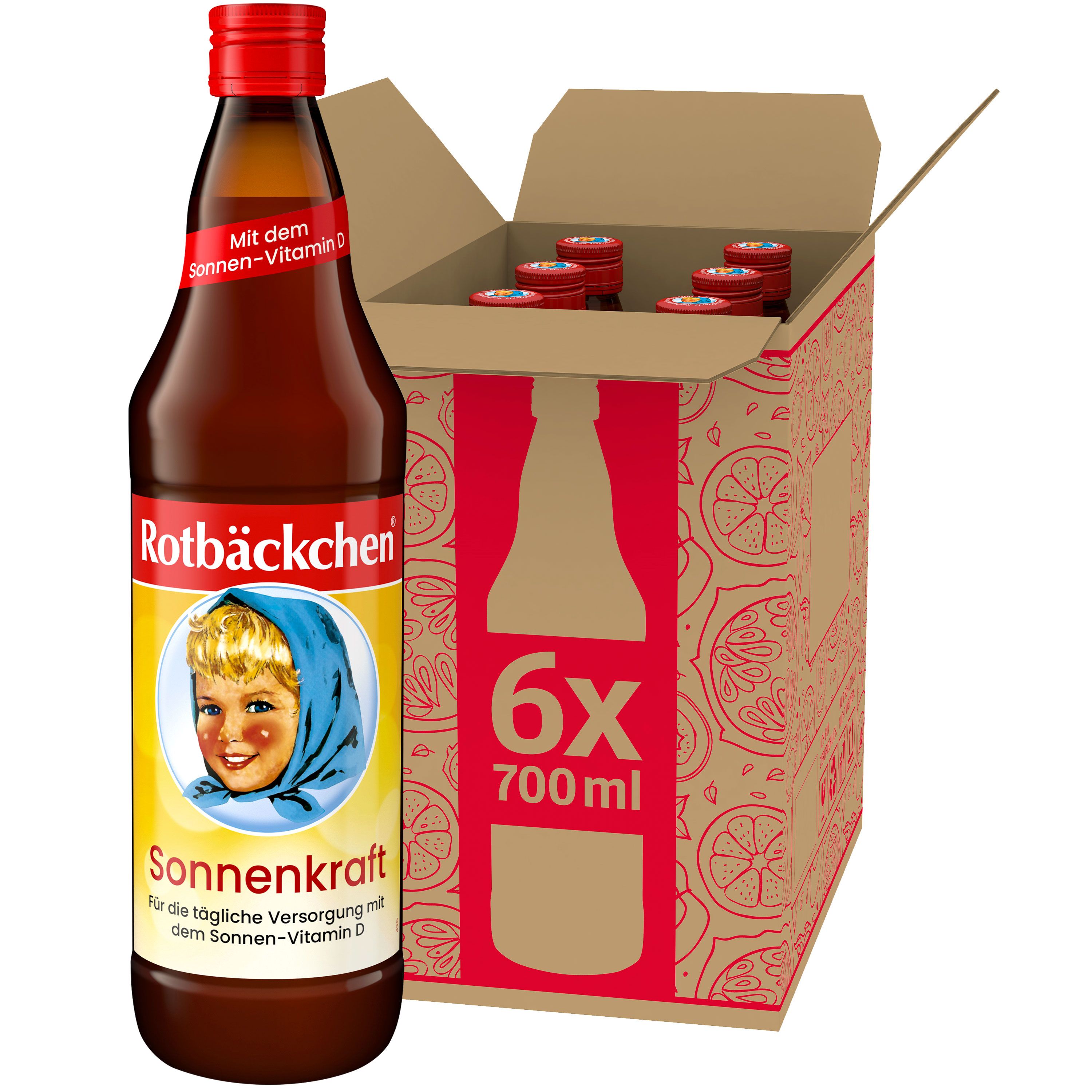 Rotbäckchen Sonnenkraft Flasche und Karton. Flasche mit rotem Verschluss, Etikett mit Kind. Karton mit 6 Flaschen, 700ml.