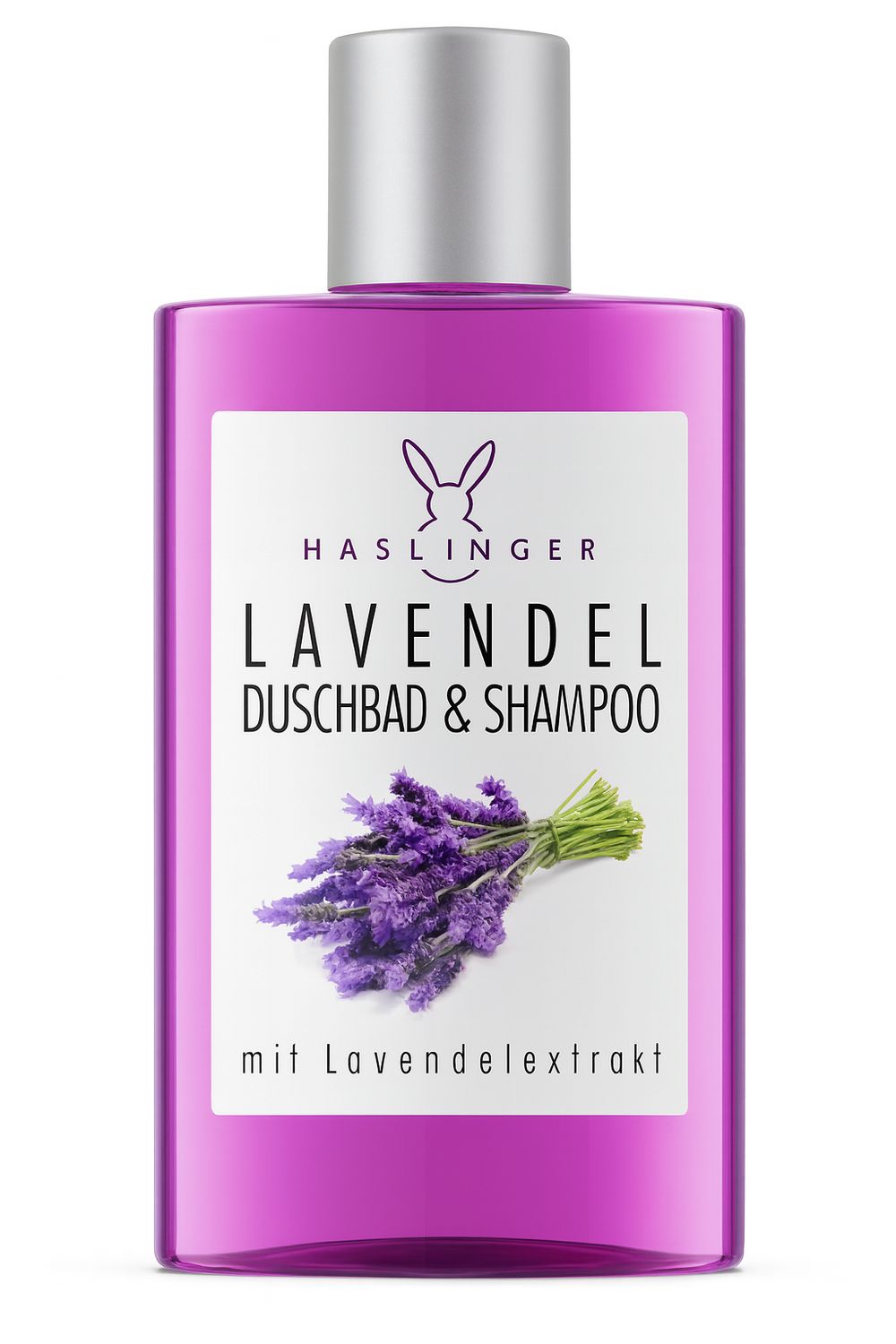 Violette Flasche mit silbernem Deckel. Etikett mit Lavendel-Illustration und Schriftzug: Duschbad & Shampoo.
