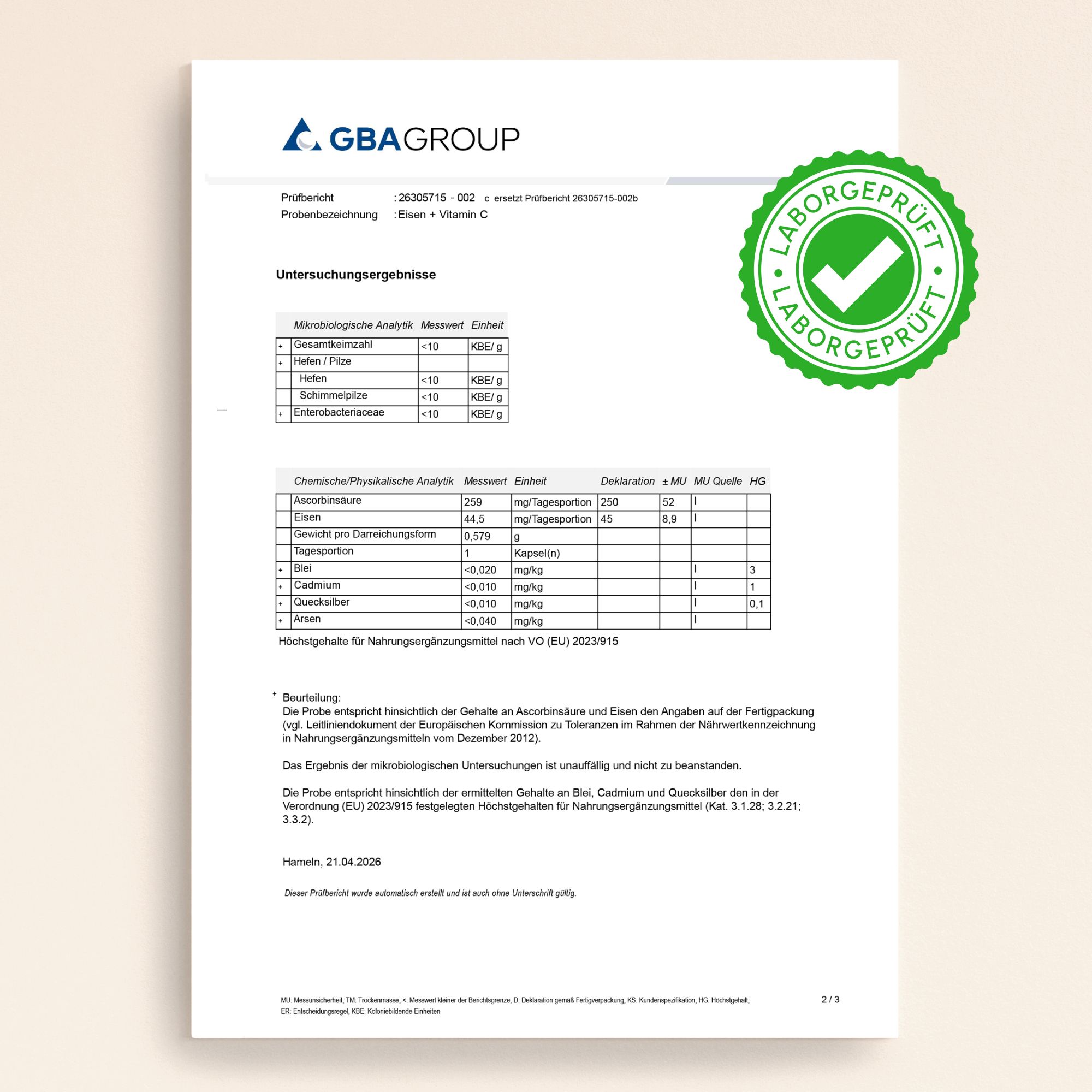 Prüfbericht von GBA GROUP für Eisen + Vitamin C mit Laborprüfsiegel.