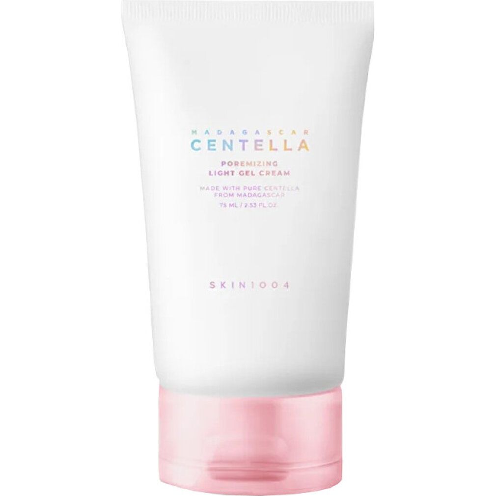 Weiße Tube mit rosa Verschluss. Aufschrift: MADAGASCAR CENTELLA Poremizing Light Gel Cream. Marke: SKIN1004.