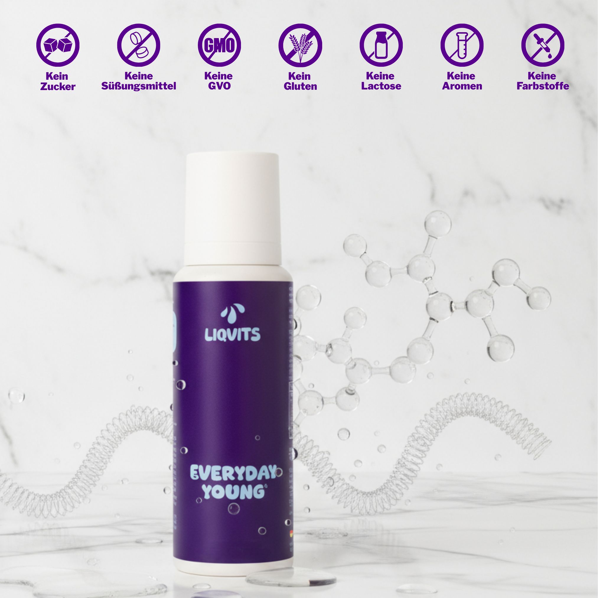 Violette Flasche mit weißem Deckel. Aufschrift: LiqVits Everyday Young. Logos: Kein Zucker, Süßungsmittel, GVO, Gluten, Laktose, Aromen, Farbstoffe.