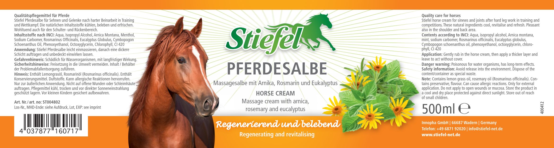 Orange Tube mit Produktinformationen. Stiefel Pferde-Salbe, 500ml. Text und Abbildungen von Pferd und Kräutern.