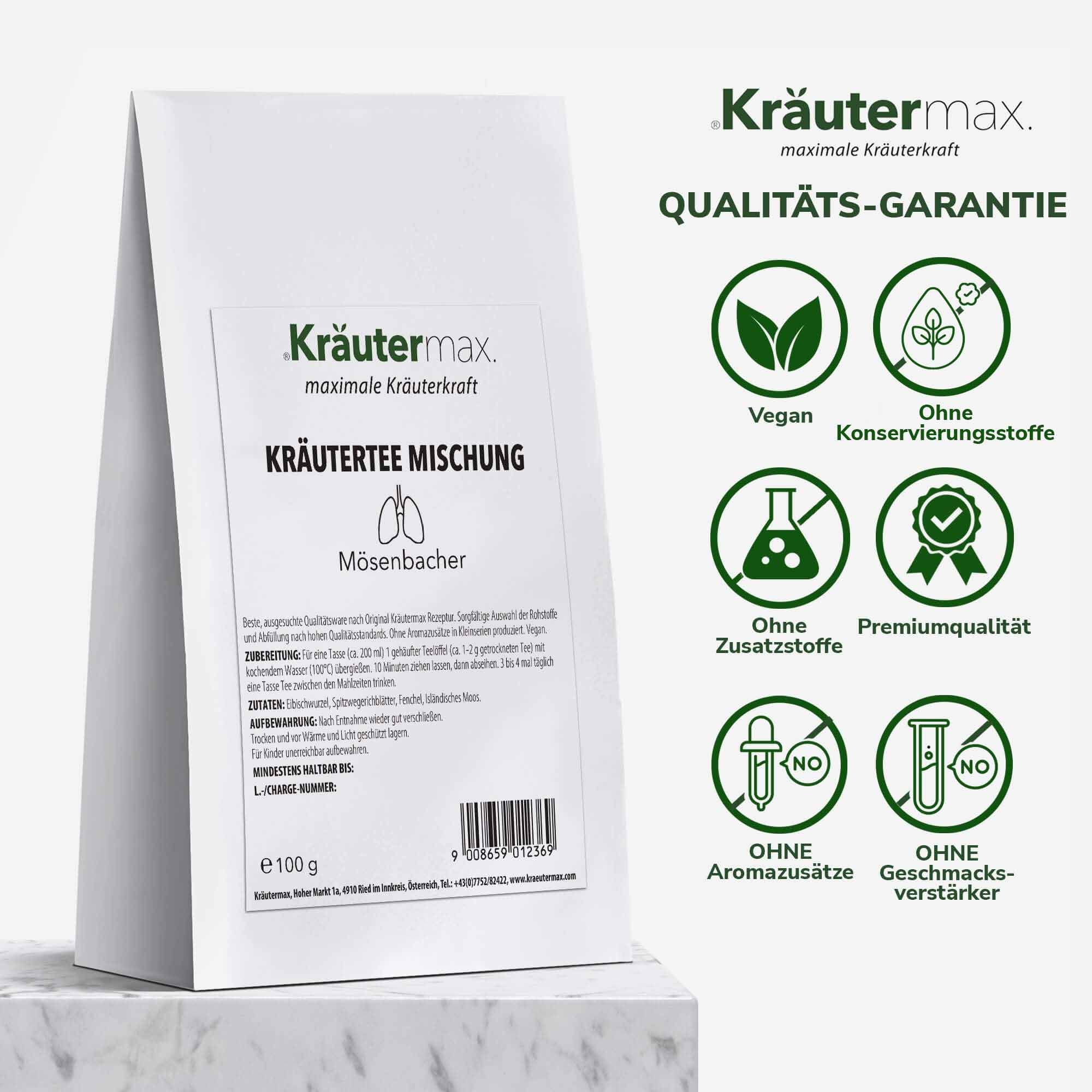 Weißer Beutel Kräutertee Mischung. Text: Kräutermax, Mösenbacher. Siegel: Vegan, Ohne Konservierungsstoffe, Premiumqualität.