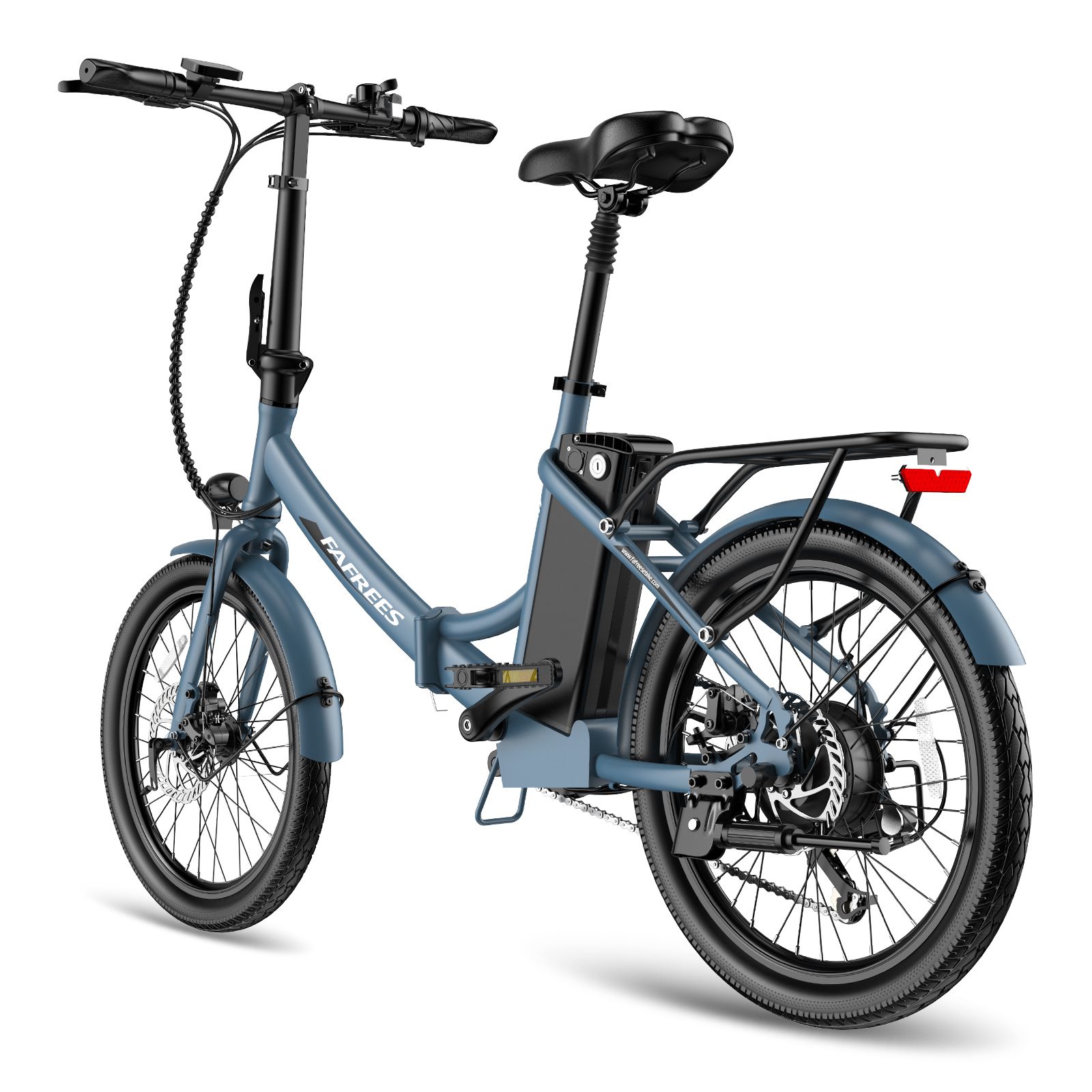Blaues Falt-E-Bike mit schwarzem Sattel, Gepäckträger und Rücklicht. Marke FAFREES sichtbar.