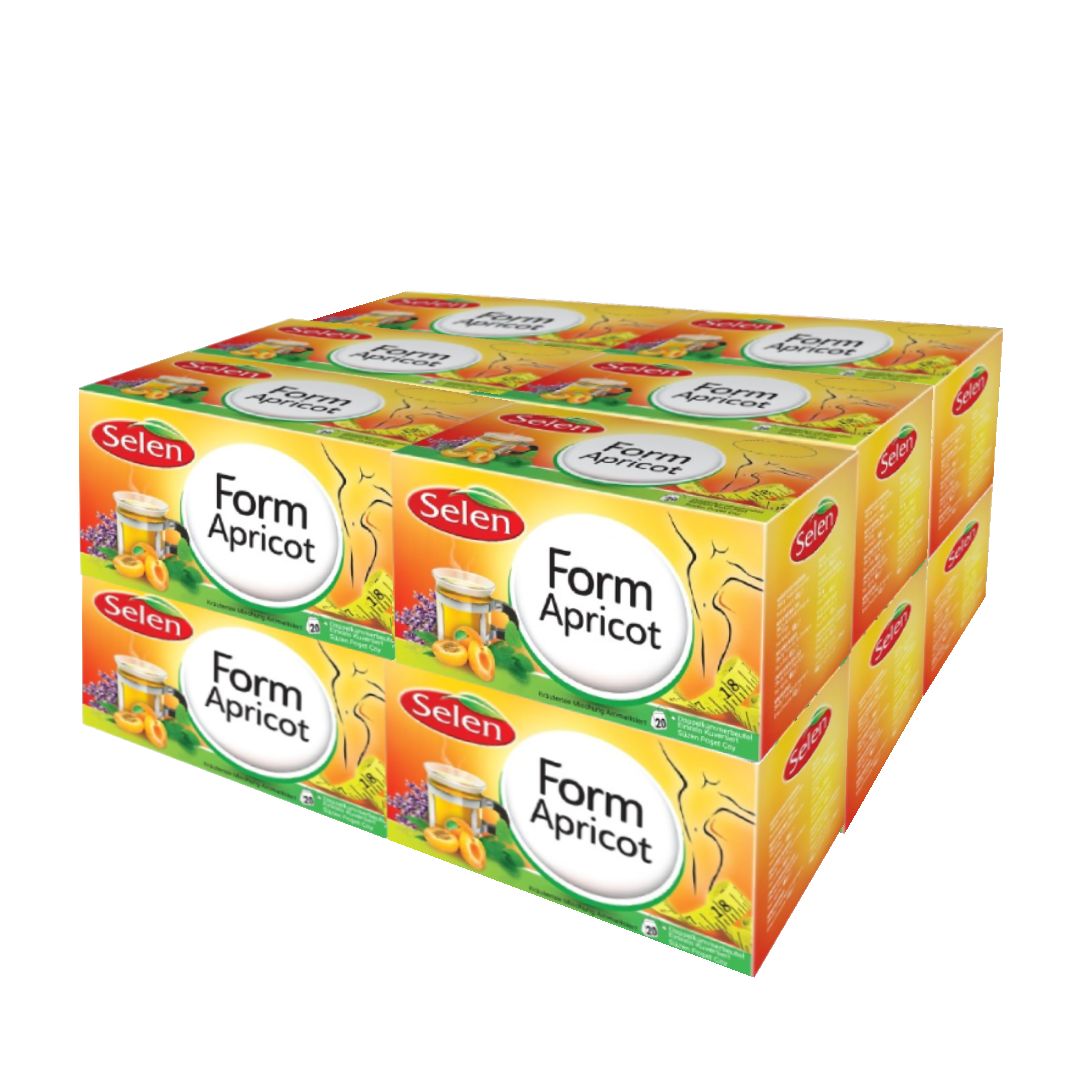 Mehrere Kartons mit SELEN Form Aprikose. Aufdrucke: Form, Aprikose, Selen. Abgebildet sind Aprikosen und Kräuter.