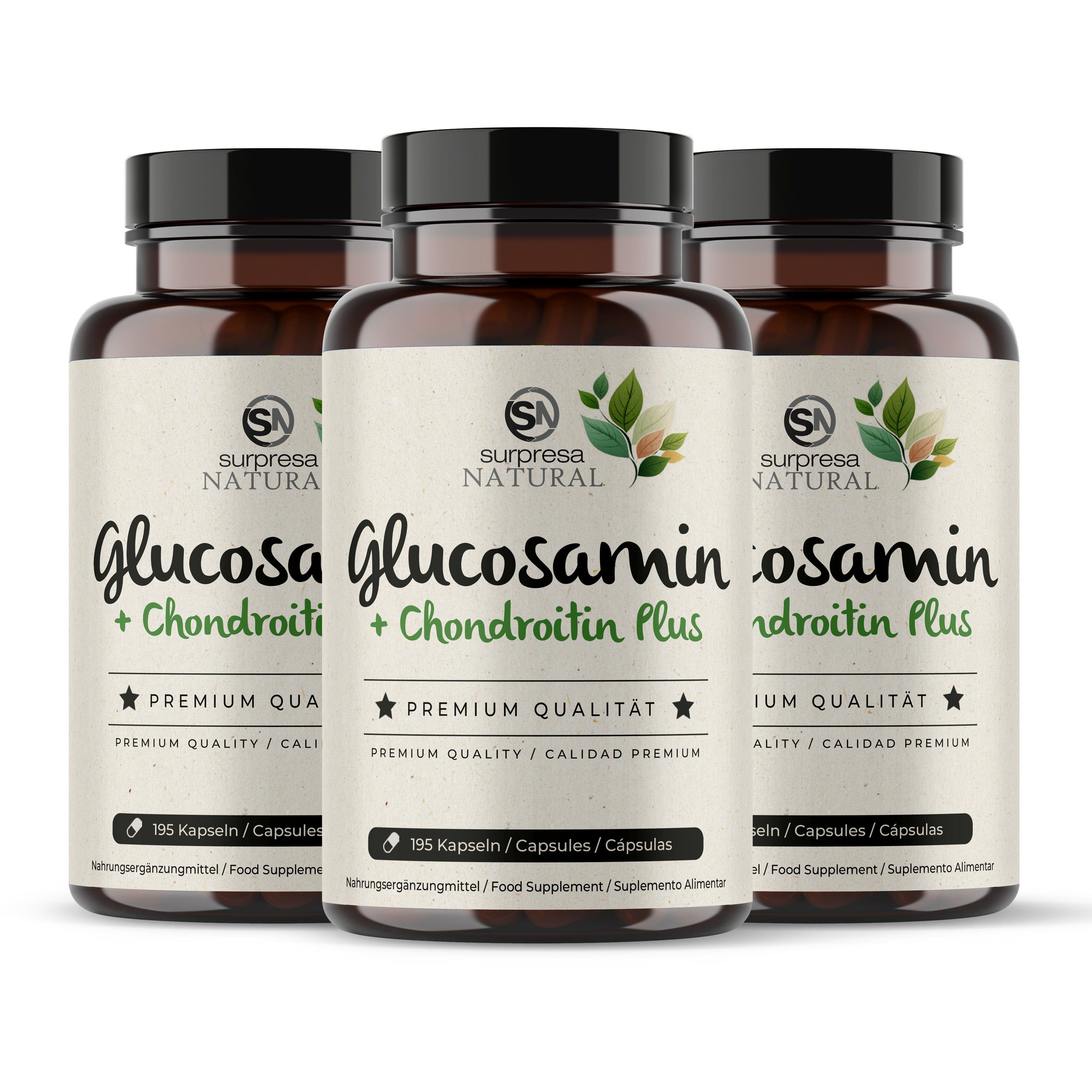 Drei Flaschen Surpresa Natural Glucosamin + Chondroitin Plus nebeneinander.