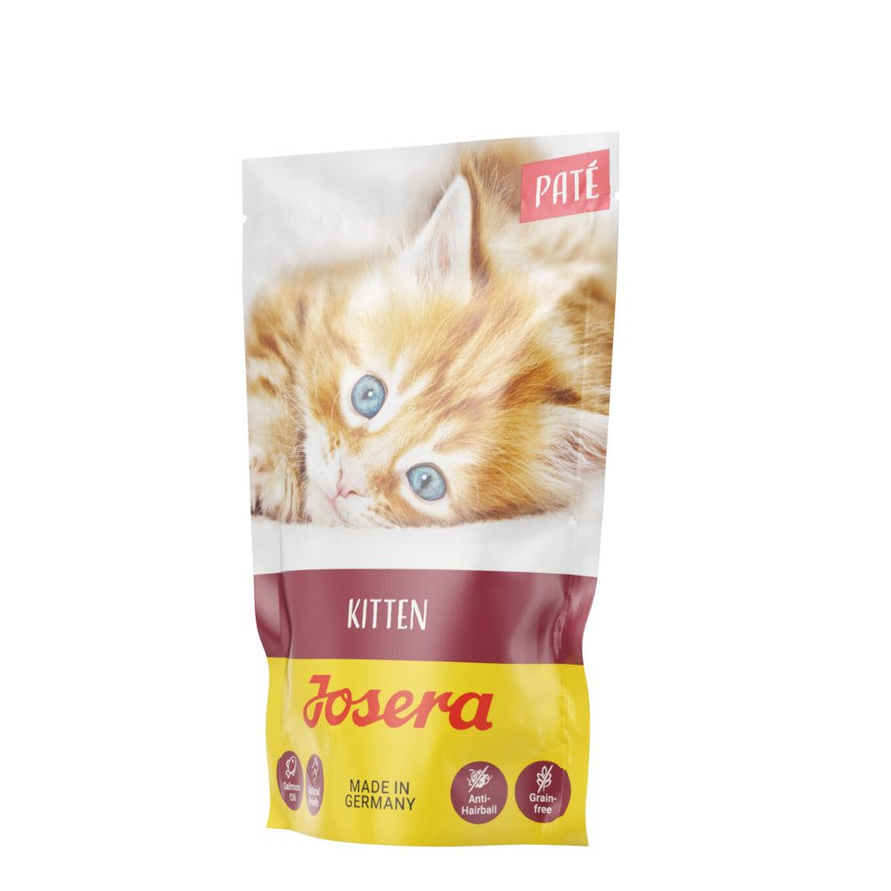 Josera Paté Kitten-Beutel mit Kätzchen-Abbildung. Aufdruck: Kitten, Paté, Josera. Hergestellt in Deutschland.