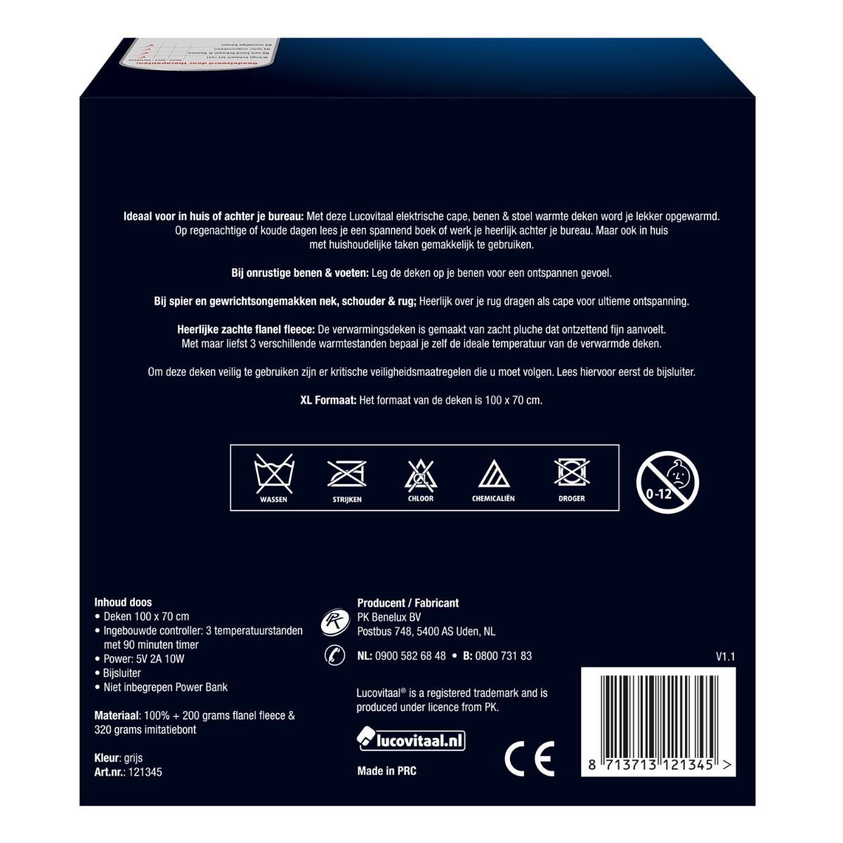 Verpakking van de elektrische deken. Tekst: Lucovitaal, Cape, benen & stoel. Illustraties: onderhoudsinstructies, materiaalinformatie, CE-markering.